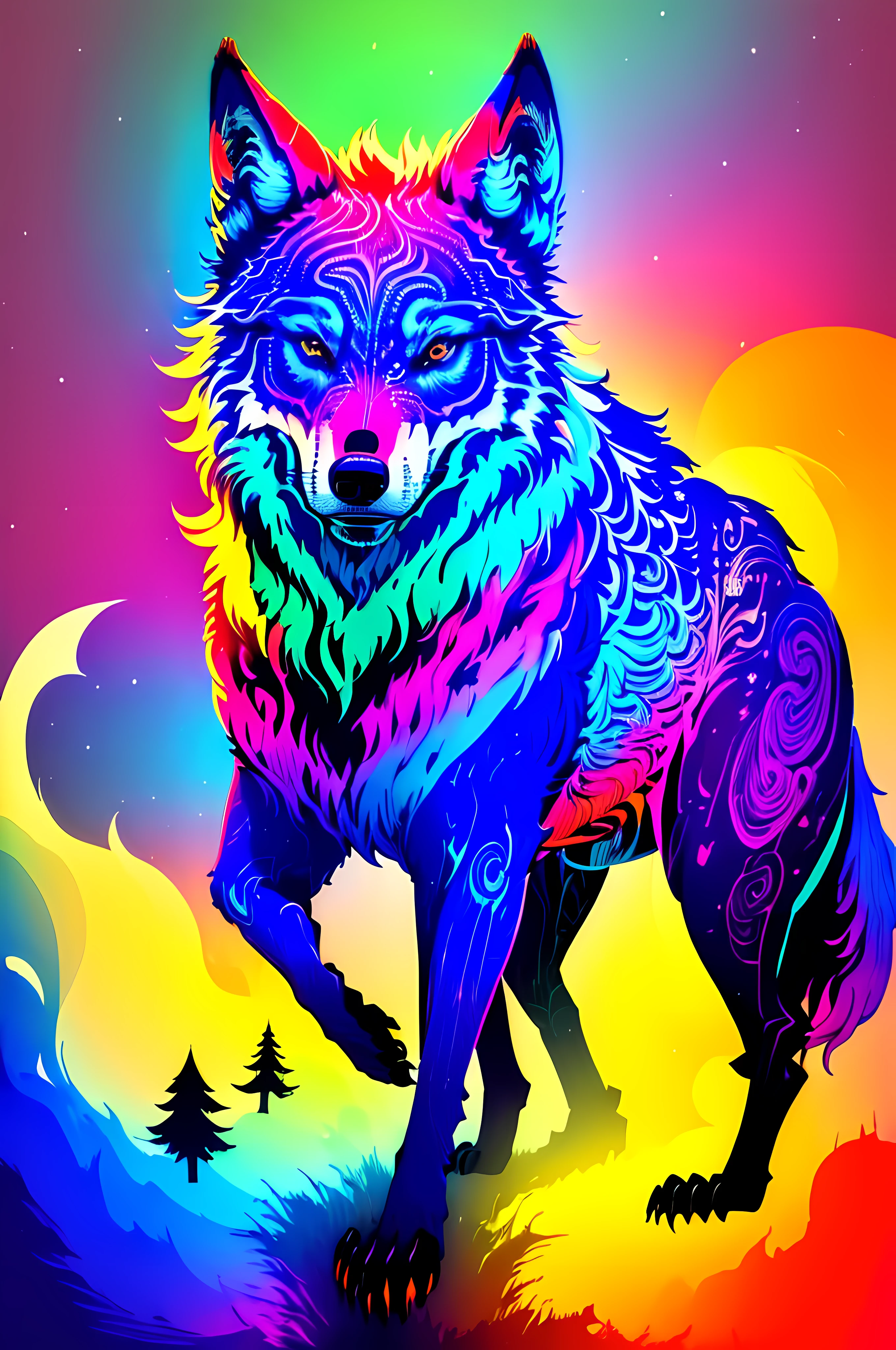 (masterpiece, best quality:1.4), cinematic light, colorful, high contrast, (glowing wolf howling:1.2), (captivating digital art), full moon, evergreen, black background, stars, constellations,