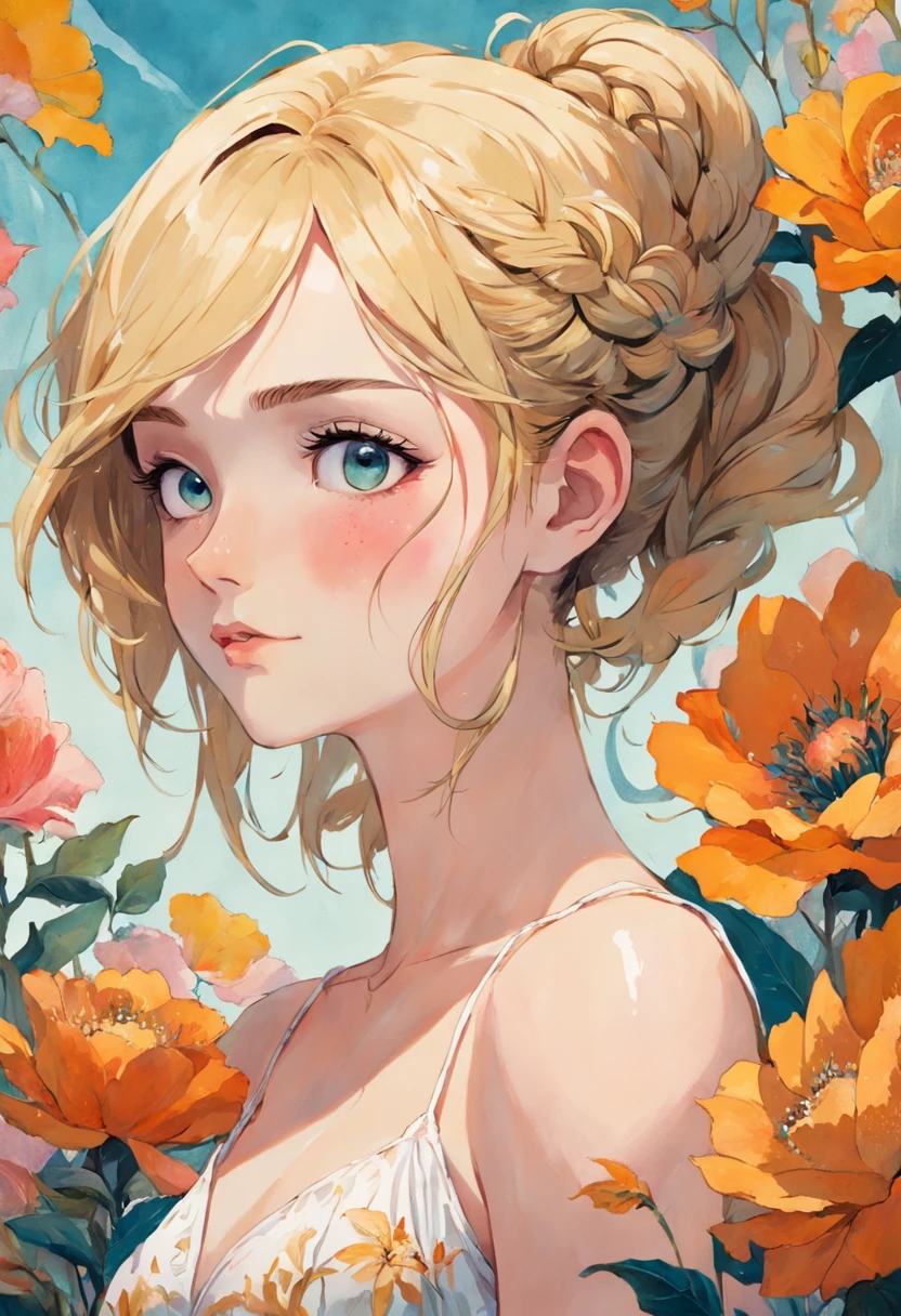 20-year-old woman, yellow fishtail braid, expressive eyes, smirk, makeup, eyelashes, nose, neck, beautiful full shoulders, against a background of huge bright flowers, (mosaic:1.2), (Venetian glass:1.7), (Illustration, Painting, Oil, Gouache, USA:0.5), style of Amy Earles