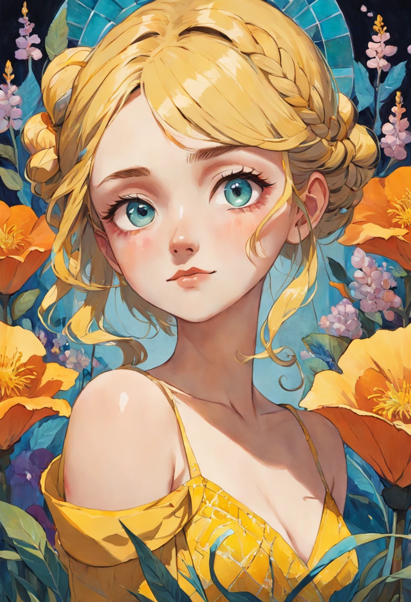 20-year-old woman, yellow fishtail braid, expressive eyes, smirk, makeup, eyelashes, nose, neck, beautiful full shoulders, against a background of huge bright flowers, (mosaic:1.2), (Venetian glass:1.7), (Illustration, Painting, Oil, Gouache, USA:0.5), style of Amy Earles