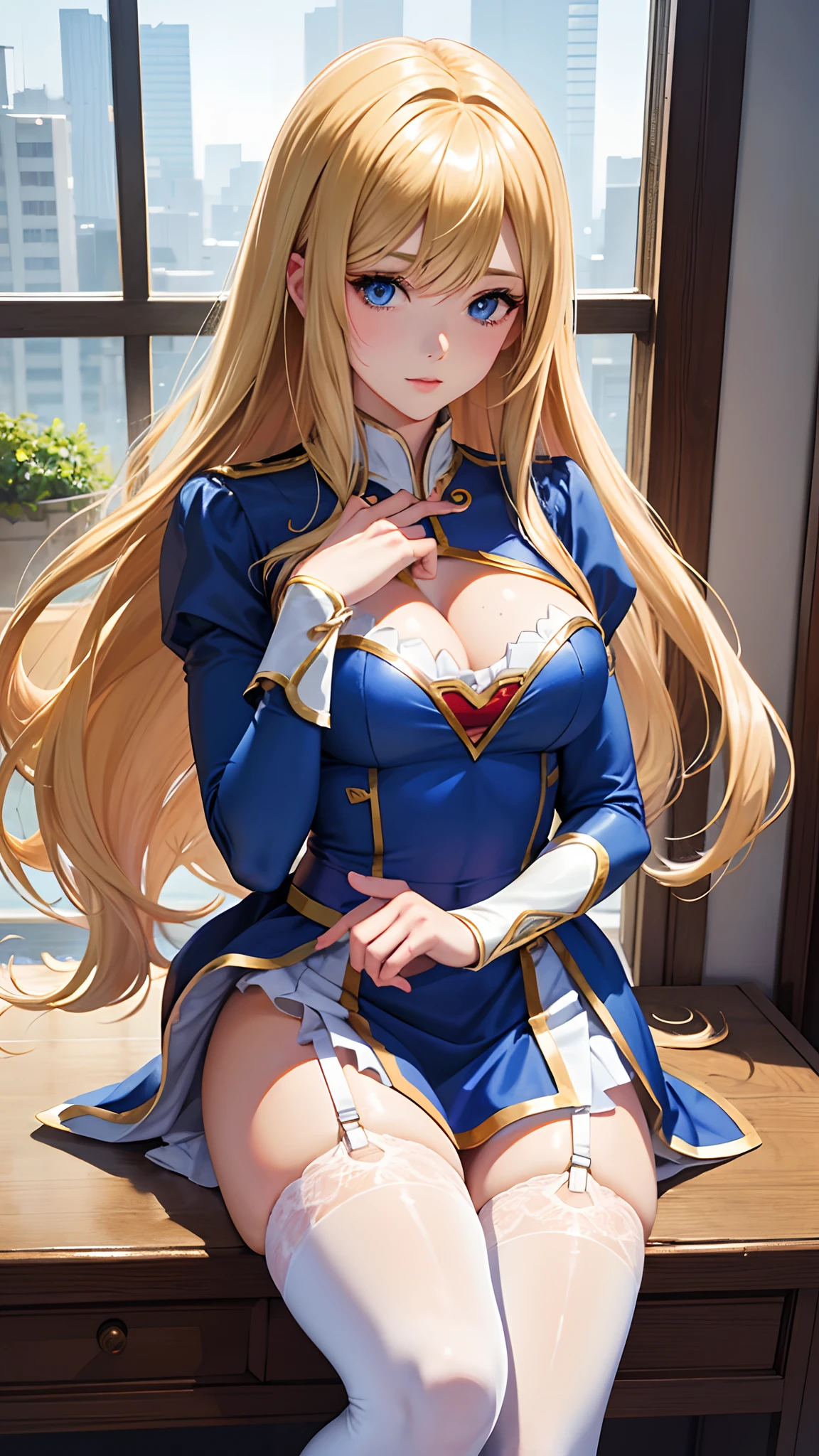 Close-up of a woman in lingerie posing in front of a window，supergirl，long-haired blonde anime girl，seductive anime girls，Anime Barbie with white stockings，beautiful and seductive anime woman，blonde goddess，Highly detailed and refined fanart，beautiful anime woman，Clean and detailed anime art，White anime Barbie，blond-haired princess，Popular on CGSTATION， detailed digital anime art
