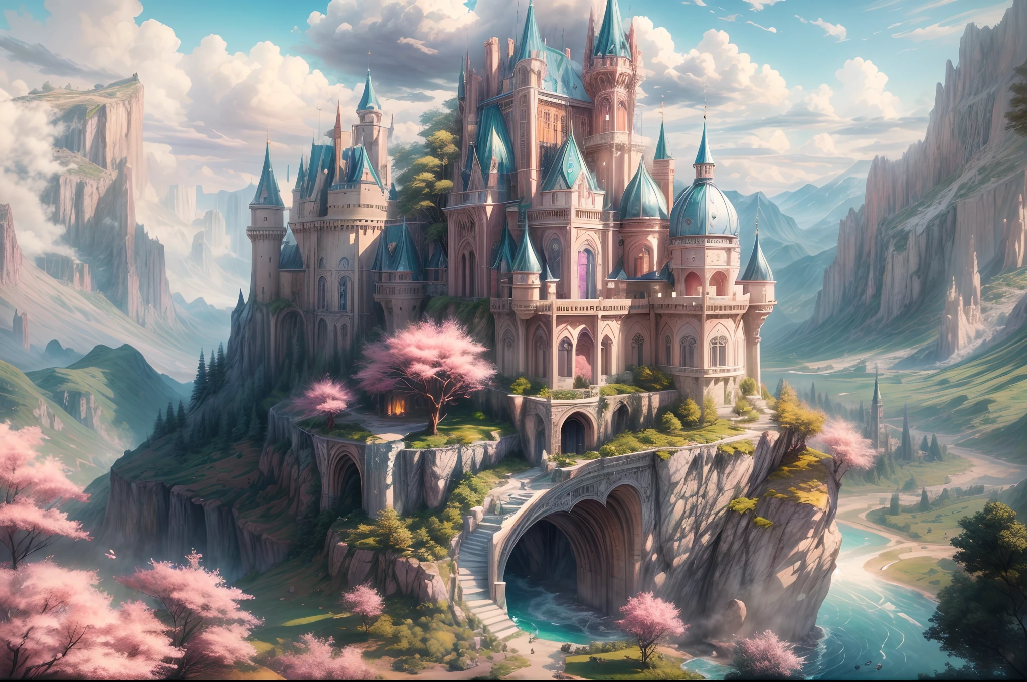 Generate a realistic fantasy landscape with beautiful, ornate romantic buildings, floating islands, crystalline waterfalls streaming from the floating islands, and a dreamy landscape of highly detailed flowers and dreamy watercolors. This is the (((romantic))) realm of the gods. (((The castles look like they are carved from shimmering marble, with distinct and complex details adding to their realism.))) Cotton candy clouds wisp into beautiful glittering stars across the colorful sky, with mesmerizing pink and purple celestial lights creating an enchanting atmosphere. Include many different levels and high visual interest. The environment is large and awe-inspiring, and this is a macro shot. The general ambience is peace, tranquility, and highly detailed sweetness. Include interesting fantasy elements with colors that complement the rest of the landscape. The sky should be very detailed. The landscape should very detailed. All buildings should be ornate with complex and intricate details. Include a luminous and magical atmosphere, magic bubbles, shimmering colors, many small fantasy details including iridescence, expertly created majestic landscapes, and shimmer and glimmer. Include lots of vibrant colors and vaguely surreal details. Camera: Utilize dynamic composition to create interest and excitement. CGI, unreal engine, unity engine, (((masterpiece))), high resolution, 8k, best quality, high quality, highres, 16, RAW, ultra highres, ultra details, finely detail, an extremely delicate and beautiful, extremely detailed, real shadow, anime, highly detailed painted, award-winning glamour painting, wonderful painting, art style, stylized
