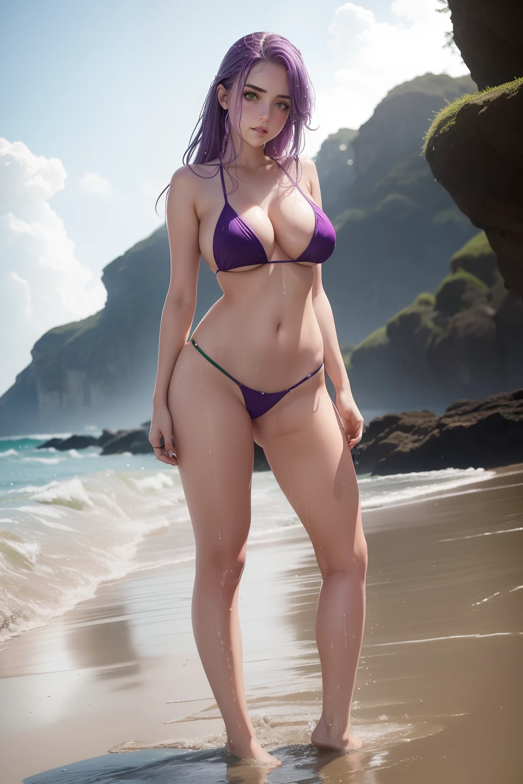 1girl, green eyes, long light purple hair, dripping wet, soaking wet, standing in ankle deep beach water, full body, big boobs, cleavage, tiny string bikini, off center, standing to the side of image, sunny