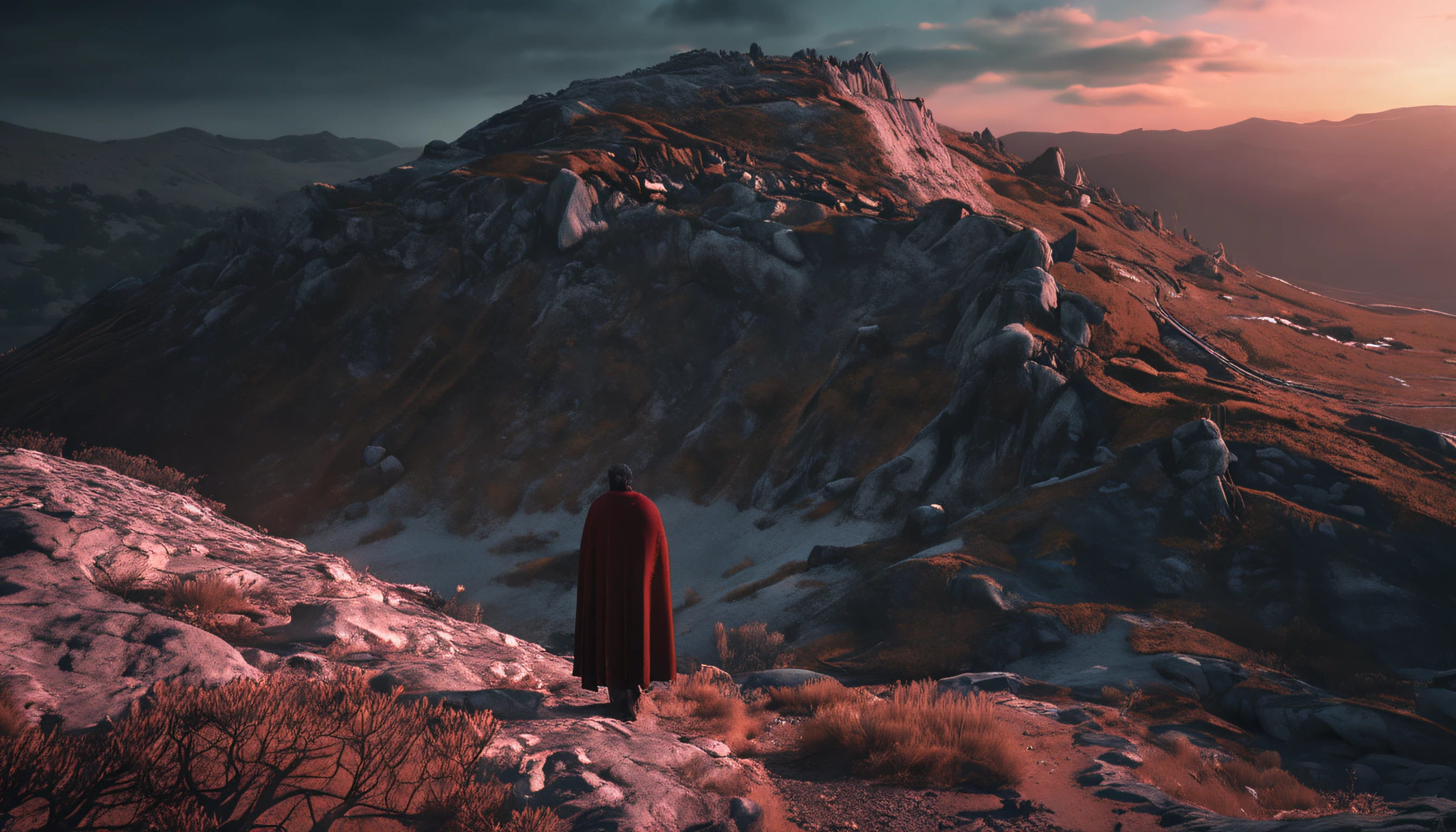 MAKE A MAN STARING AT A DARK HILL.