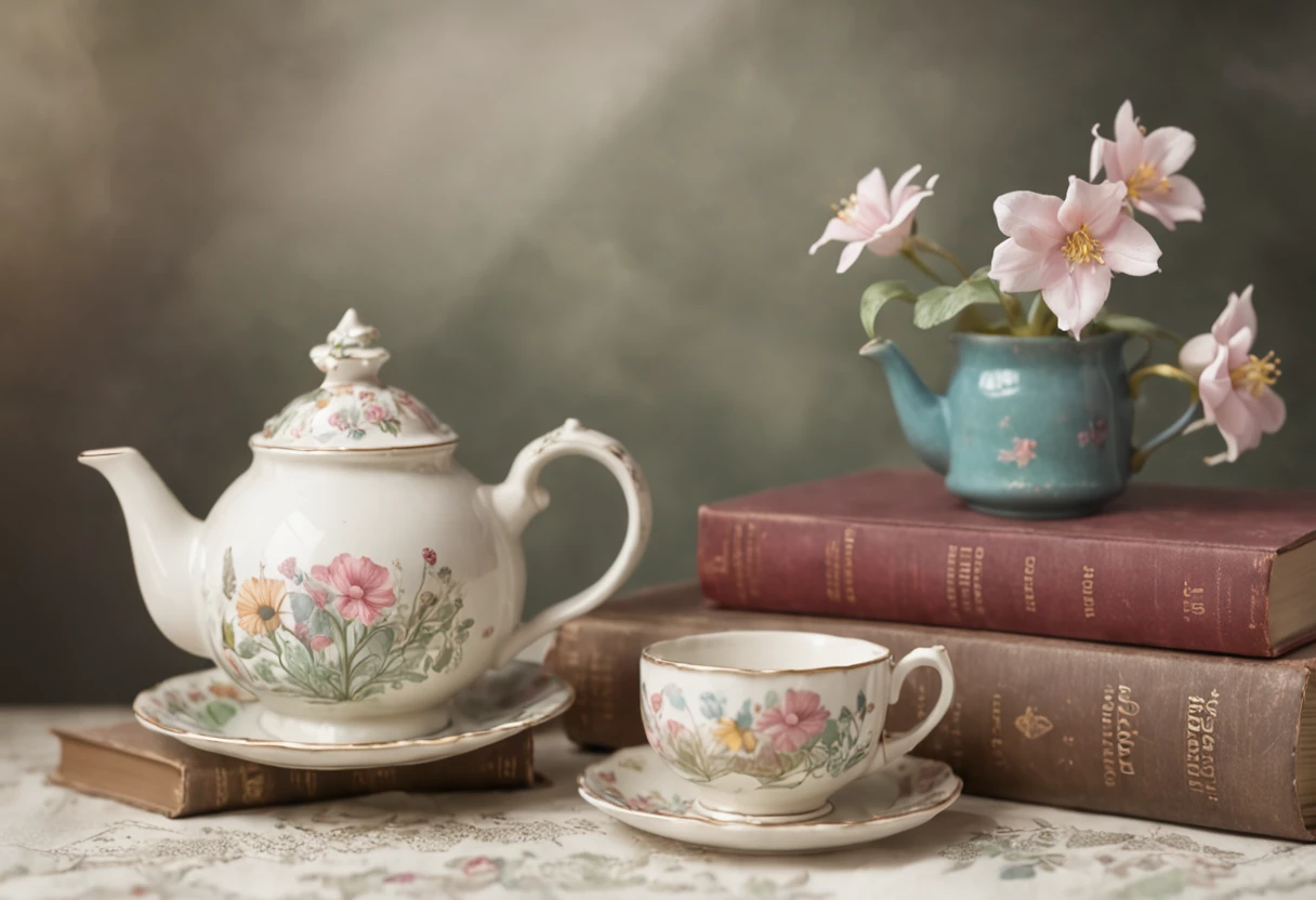 "RAW photo, best,masterpiece, best quality, high quality, extremely detailed,there is a teapot and cup on a table with books, cute storybook photography, storybook art, storybook photography, by Alison Kinnaird, surreal tea party, storybook illustration, whimsical and cute, inspired by Alison Kinnaird, whimsical art, storybook style, beautiful render of a fairy tale, adorable whimsical, magical fairy background,"