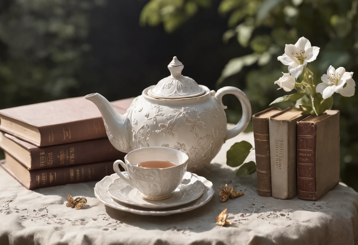 "RAW photo, best,masterpiece, best quality, high quality, extremely detailed,there is a teapot and cup on a table with books, cute storybook photography, storybook art, storybook photography, by Alison Kinnaird, surreal tea party, storybook illustration, whimsical and cute, inspired by Alison Kinnaird, whimsical art, storybook style, beautiful render of a fairy tale, adorable whimsical, magical fairy background,"