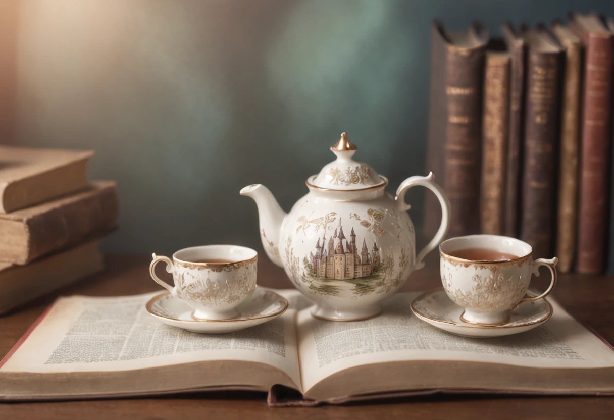 "RAW photo, best,masterpiece, best quality, high quality, extremely detailed,there is a teapot and cup on a table with books, cute storybook photography, storybook art, storybook photography, by Alison Kinnaird, surreal tea party, storybook illustration, whimsical and cute, inspired by Alison Kinnaird, whimsical art, storybook style, beautiful render of a fairy tale, adorable whimsical, magical fairy background,"
