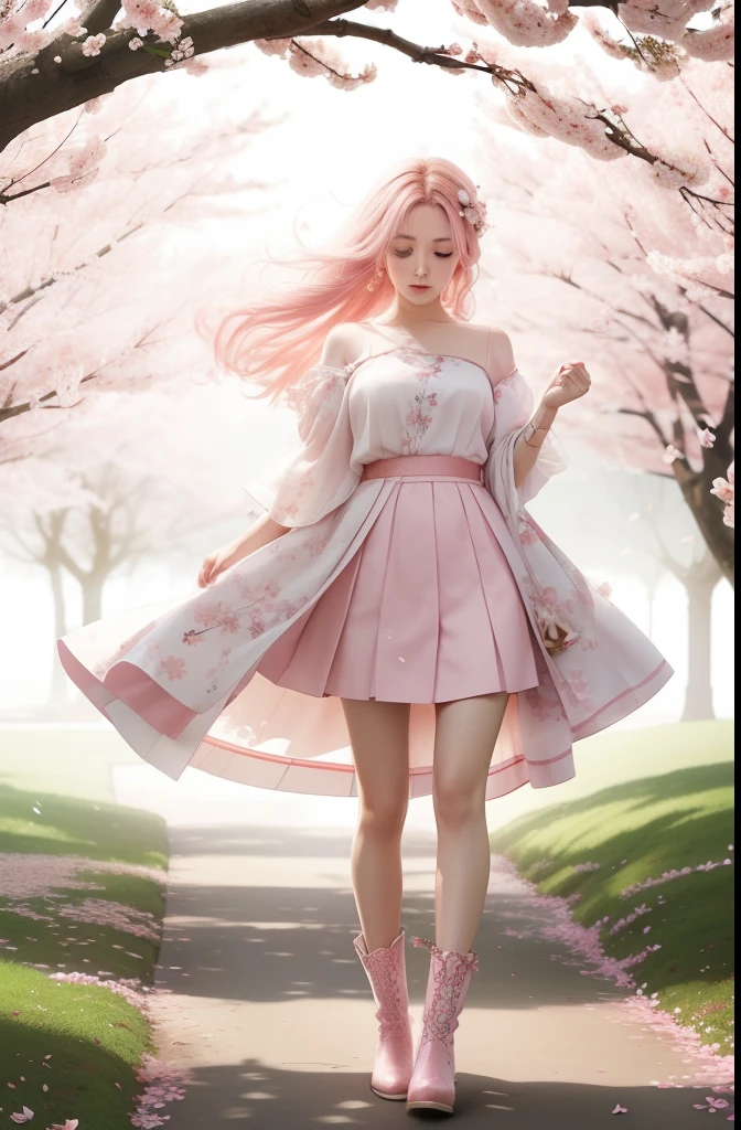 (HD: 1.2), (Best Quality: 1.2), (8K: 1.2), (Underground scattering: 1.1), beautiful face, beautiful eyes, Cherry blossom spirit in female form, light pink hair, hair interwoven with white petals, hair flowing gently like cherry blossom petals in the wind, eyes gleaming like spring sunlight, outfit with cherry blossom petal design, silk attire, pale pink short boots, Dew-kissed meadow, gracefully spreading cherry blossom trees, petals fluttering with each breeze, creating a fleeting floral snowstorm in the air