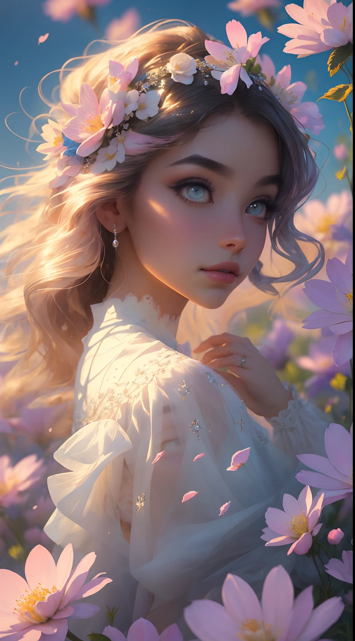 The colors in this image are soft and draw inspiration from gentle watercolors and should be primarily pink. Generate a delicate and tranquil flower princess with soft hair dancing in the wind and intricately braided. Her sweet face has puffy, kissable lips and stunning, highly realistic eyes. She has beautiful eyes, hires eyes, 8k eyes, beautiful detail eyes, beautiful detailed eyes, realistically shaded eyes, and realistic eyes in vibrant colors. She is wearing delicately detailed fabric of gossamer silk and satin. Small pink gemstones and cream pearls detail her clothing. She sits in the midst of the most beautiful meadow in the world and is surrounded by beautiful flowers of varying sizes and colors. The background is wild and unruly, with delicate flowers dancing in the wind and creating a dynamic and compelling image. An ornately flowered headdress adorns her head and soft petals fall around her. The flowers are realistic and very detailed and come in different shapes and sizes, some with iridescence and others with varying shades of pink and blue. Include a soft watercolor sky. The background is wild, with delicate flowers dancing in the wind and colorful pollen filling the air. Include realistic hair and skin texture. Include fantasy details, enhanced details, iridescence, colorful glittering wind, and pollen. Pay special attention to her face and make sure it is beautifully and realistically detailed. The image should be dreamy and ethereal. Include intricate fantasy details. 8k, intricate, elegant, highly detailed, majestic, digital photography, art by artgerm and ruan jia and greg rutkowski surreal painting pearl butterfly filigree, flower petals, (masterpiece, finely detailed beautiful eyes: 1.2), hdr, realistic skin texture, ((ornate)), ((intricate)), ((fantasy00d:1.2)), rays of light, (add details), (add more details), highly detailed, ornate flowers, dew drops, sunlight, rays of sun