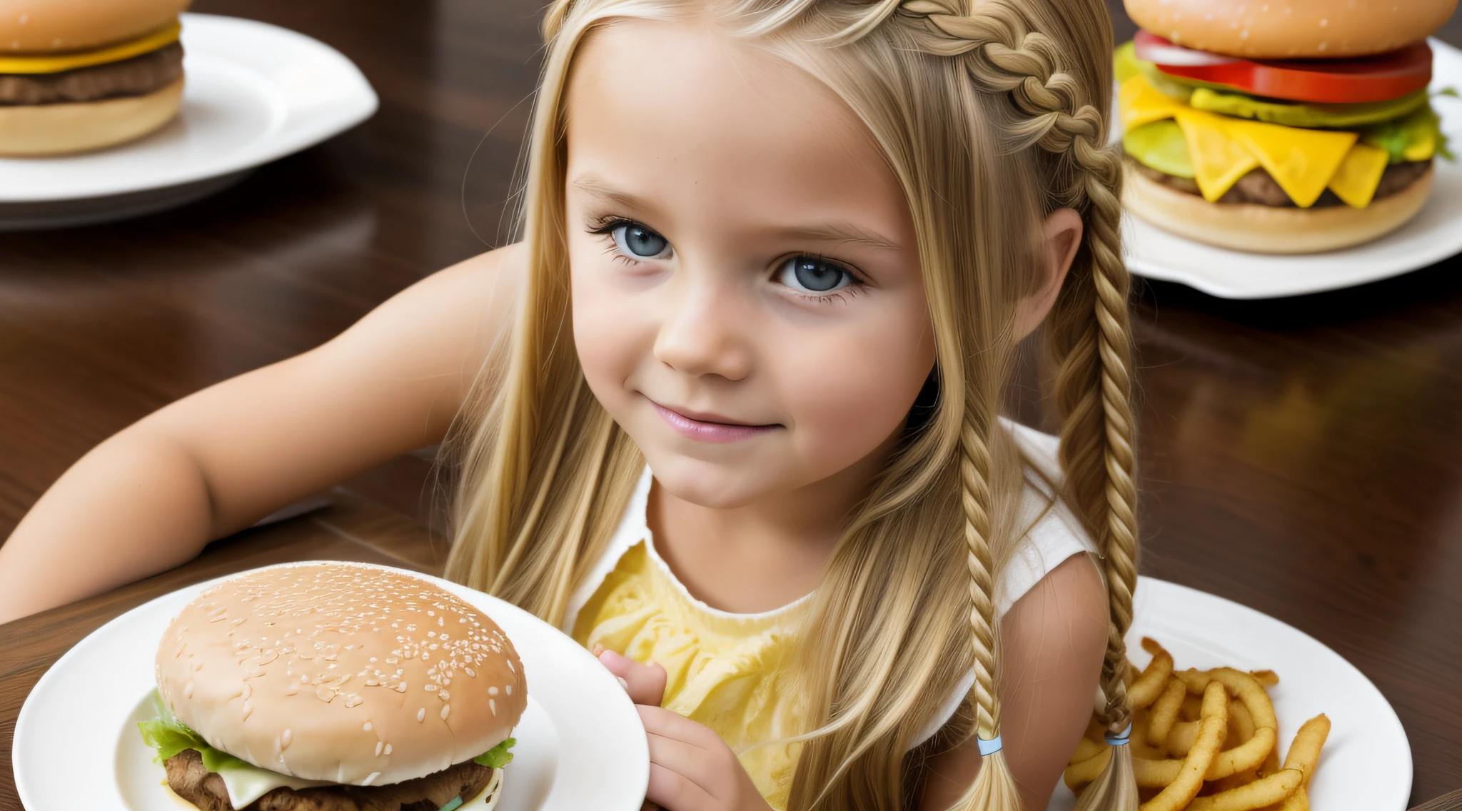 Long blonde child girl hair braids , There is a plate of HAMBURGER