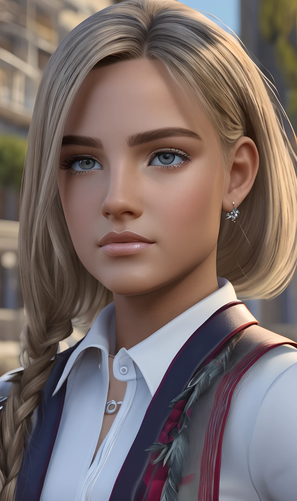 melhor qualidade, obra prima, alta resolução, menina linda, uniforme escolar, rosto super lindo, olho super lindo, cabelo super lindo, town square, vento, folhas, sol, sombras perfeitas, 8K