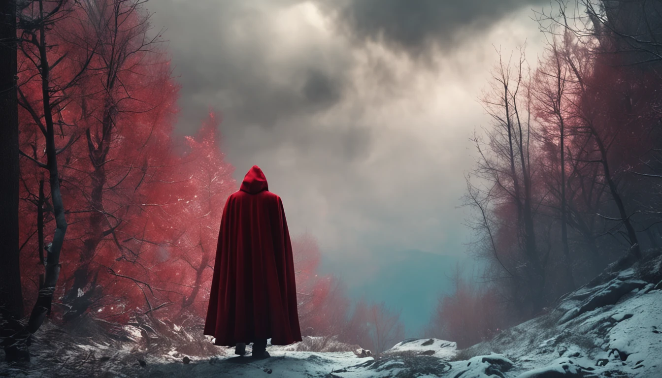 MAKE A SCARED MAN IN A RED CLOAK WALKING IN A SHADOWY FOREST WITH HIGH DETAILS.