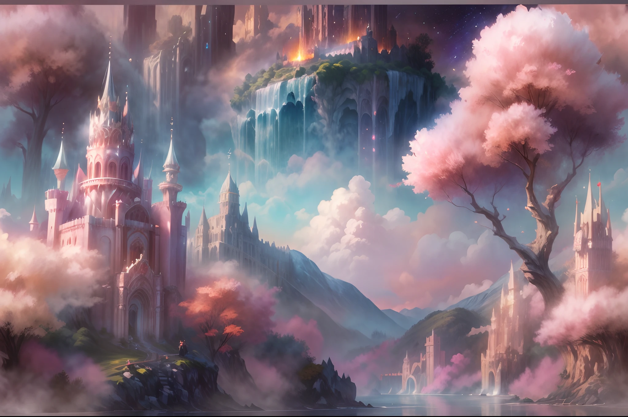 Generate a realistic fantasy landscape with beautiful, ornate romantic buildings, floating islands, crystalline waterfalls streaming from the floating islands, and a dreamy landscape of highly detailed flowers and dreamy watercolors. This is the (((romantic))) realm of the gods. (((The castles look like they are carved from shimmering marble, with distinct and complex details adding to their realism.))) Cotton candy clouds wisp into beautiful glittering stars across the colorful sky, with mesmerizing pink and purple celestial lights creating an enchanting atmosphere. Include many different levels and high visual interest. The environment is large and awe-inspiring, and this is a macro shot. The general ambience is peace, tranquility, and highly detailed sweetness. Include interesting fantasy elements with colors that complement the rest of the landscape. The sky should be very detailed. The landscape should very detailed. All buildings should be ornate with complex and intricate details. Include a luminous and magical atmosphere, magic bubbles, shimmering colors, many small fantasy details including iridescence, expertly created majestic landscapes, and shimmer and glimmer. Include lots of vibrant colors and vaguely surreal details. Camera: Utilize dynamic composition to create interest and excitement. CGI, unreal engine, unity engine, (((masterpiece))), high resolution, 8k, best quality, high quality, highres, 16, RAW, ultra highres, ultra details, finely detail, an extremely delicate and beautiful, extremely detailed, real shadow, anime, highly detailed painted, award-winning glamour painting, wonderful painting, art style, stylized