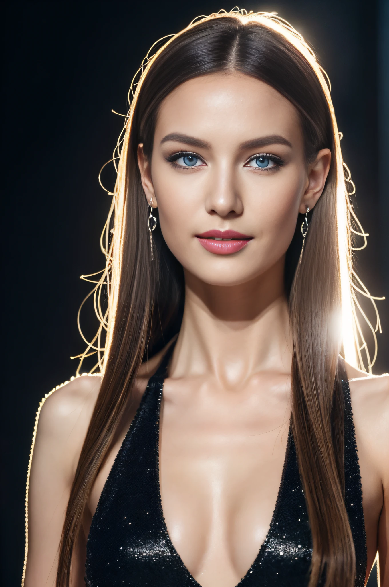 (Masterpiece:1.3), (8K, Photorealistic, Raw photography, Best Quality:1.4), (1girl), Beautiful face, Realistic face, (Detailed face), Beautiful hairstyle, (Detailed hair), Realistic eyes, (Detailed eyes), Beautiful details, Realistic skin, (Detailed skin), Beautiful skin, Attractive, Ultra high definition, A hyper-realistic, Very detailed, (Small :1.3), (cleavage:0.8), Russian beauty at a fashion show, slim figure, (wear casual clothes), (Wear super luxury accessories), gentle smile, on the fashion show runway, (The audience seats are dark, but the stage is bright), blue eyes, blonde hair