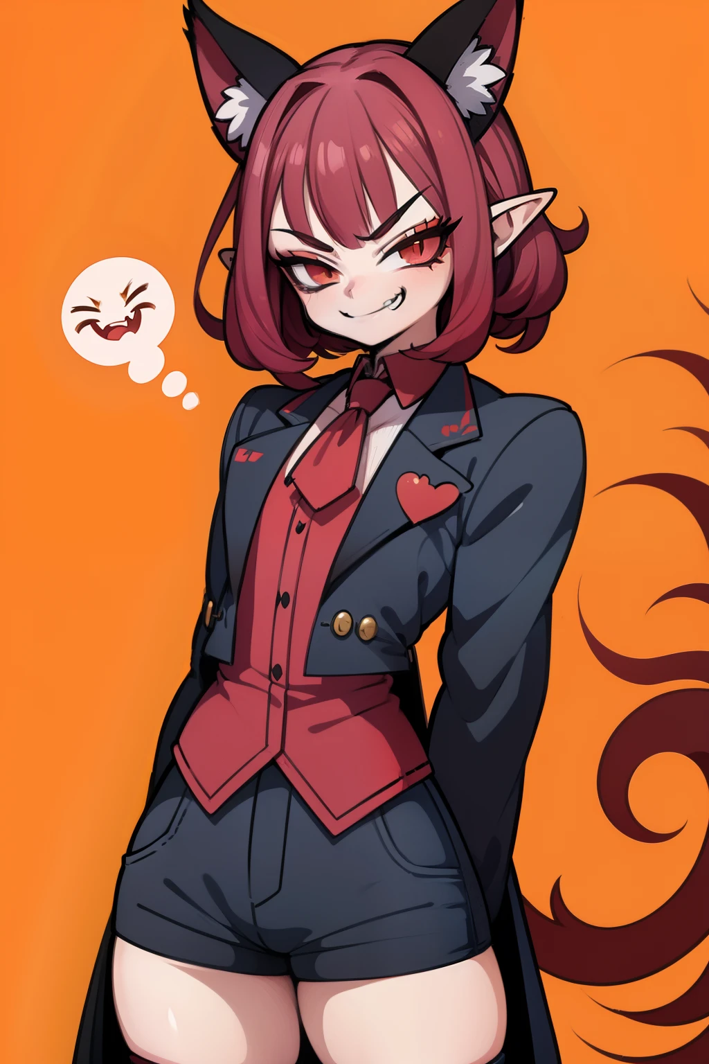 Anime character, high detail, Detailed art style, (smug smirk:1.4), vampire fangs, elf ears, short red curly hair, little chest, tailcoat, Short shorts, full length, the perfect body,