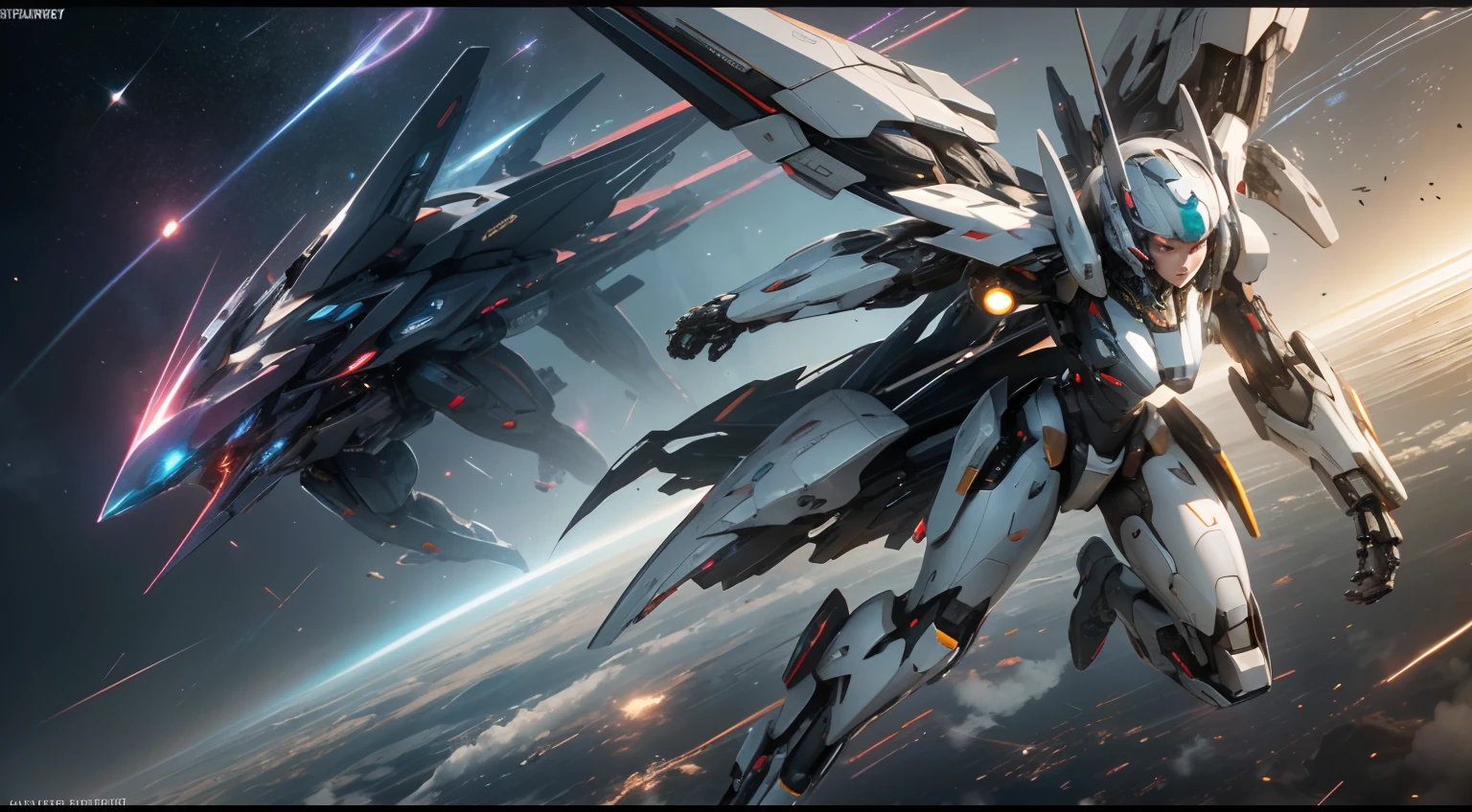 ((Best quality)), ((masterpiece)), (highly detailed:1.3), 3D, beautiful, (cyberpunk:1.2), in space, nebula, holding_weapon, (1Female mecha:1.3), facing the viewer, glowing eyes, full body, (flying, swooping down, dynamic, motion blur: 1.4), (huge mecha wings: 1.6), looking up, glowing_eyes, mecha, panorama, background is earth, nebula, space, particles, reality, HDR (High Dynamic Range), Ray Tracing, NVIDIA RTX, Super Resolution, Unreal 5, Subsurface Scattering, PBR Texturing, Post Processing, Anisotropic Filtering, Depth of Field, Maximum Clarity and Clarity, Multilayer Textures, Albedo and Specular map, Surface shading, accurate simulation of light-material interaction, perfect proportion, Octane Render, two-tone lighting, large aperture, low ISO, white balance, rule of thirds, 8K RAW, efficient sub-pixel, sub-pixel convolution,