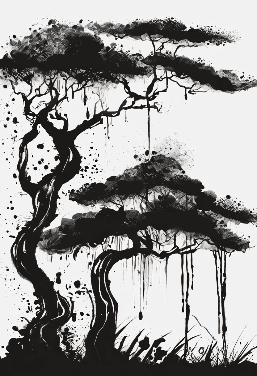 India ink style，tinta，Manchar，tigre branco，Temple Back，sentado，Tornando-se um Imortal，Rota dos Ossos do Vento das Fadas，Antecedentes do totem de Tai Chi，long, flowing hair，pelagem branca，8k，Superfino