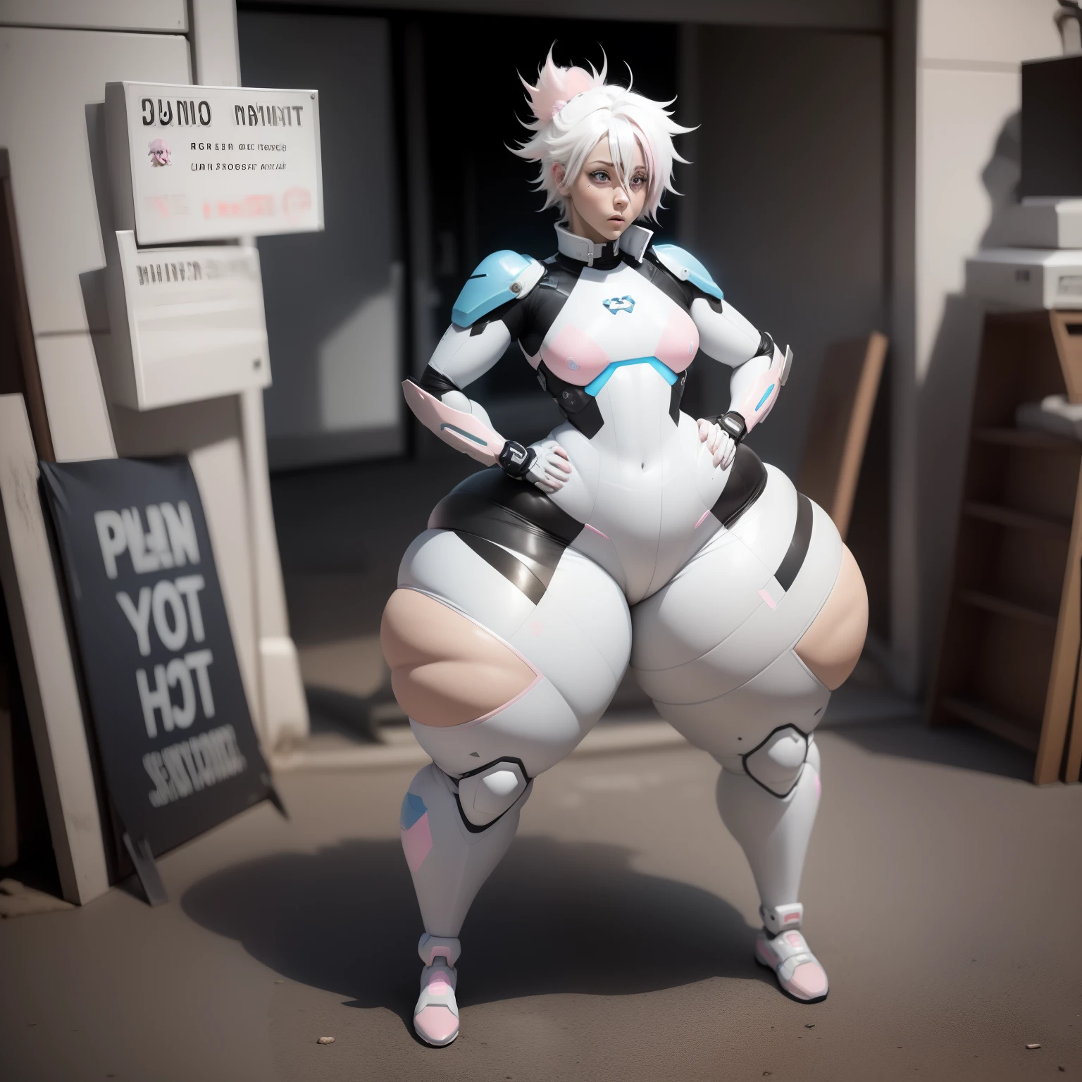 ((Anime, Male )),(Short build), ((long, White hair:1.5)), ((Blue and Pink hair Streaks:1.2)) androgynous:1.8, Messy hair, SFW, High quality, expression( annoyed and Angered) pose(hand on Hips, Holding hammer), ((White cybernetic Body suit:1.3 )),hyper thighs,bottomheavy, ((flat chest:1.5)), (?expression: Angry, Pouting,cute))