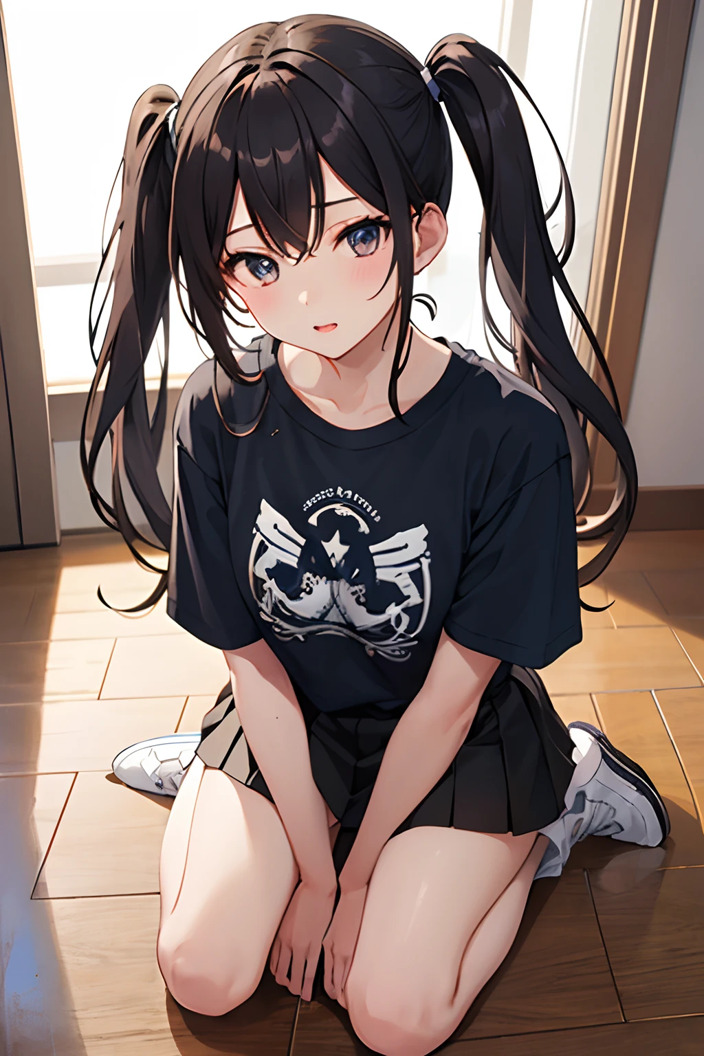 1girl, casual clothes, t-shirt, skirt, twintails, long hair, (from above:1.1), kneeling, floor, indoors, hands