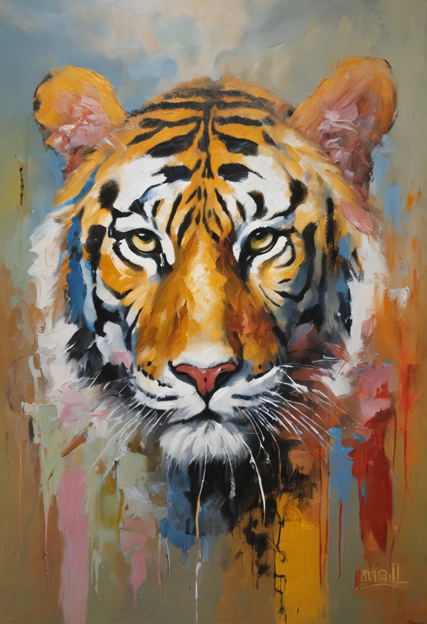 oil painting style, tigre branco, templo tibetano