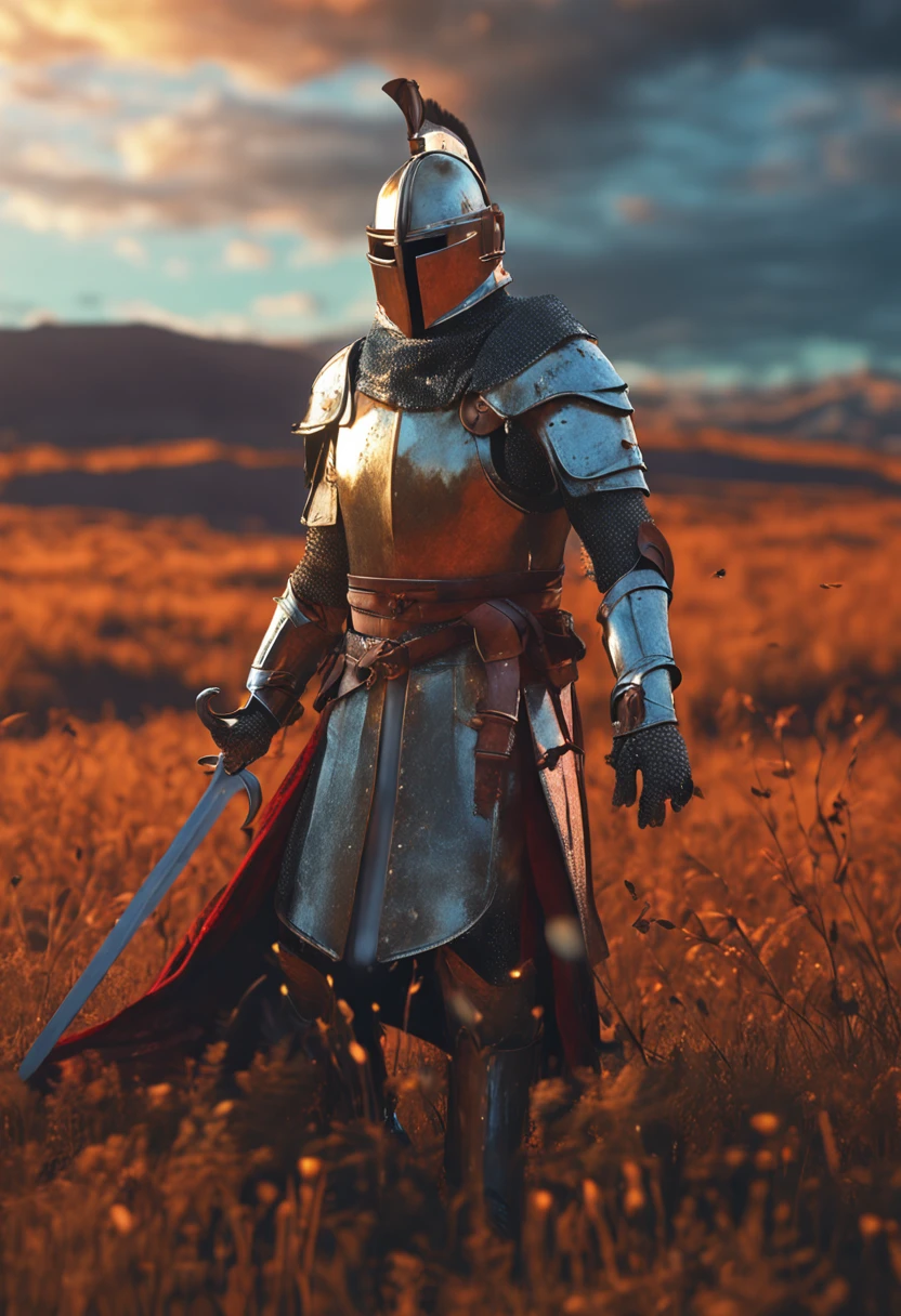 ((Solaire)),A knight brandishing his sword, sunset, open field, blue sky, (Extremely Detailed Oil Painting:1.2),8k, octane render, cinema 4d, blender, dark, atmospheric 4k ultra detailed, cinematic sensual, Sharp focus, big depth of field, Masterpiece, colors, 3d octane render, 4k, concept art, trending on artstation,Vivid colors, extremely detailed CG unity 8k wallpaper, trending on ArtStation, trending on CGSociety, Intricate, High Detail, dramatic, absurdes