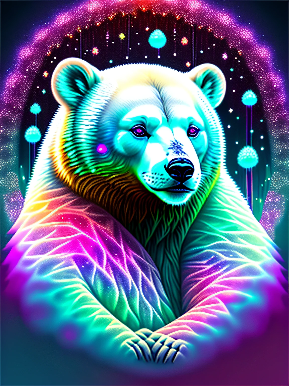 realistic polar bear in psychedelic and fungal environment