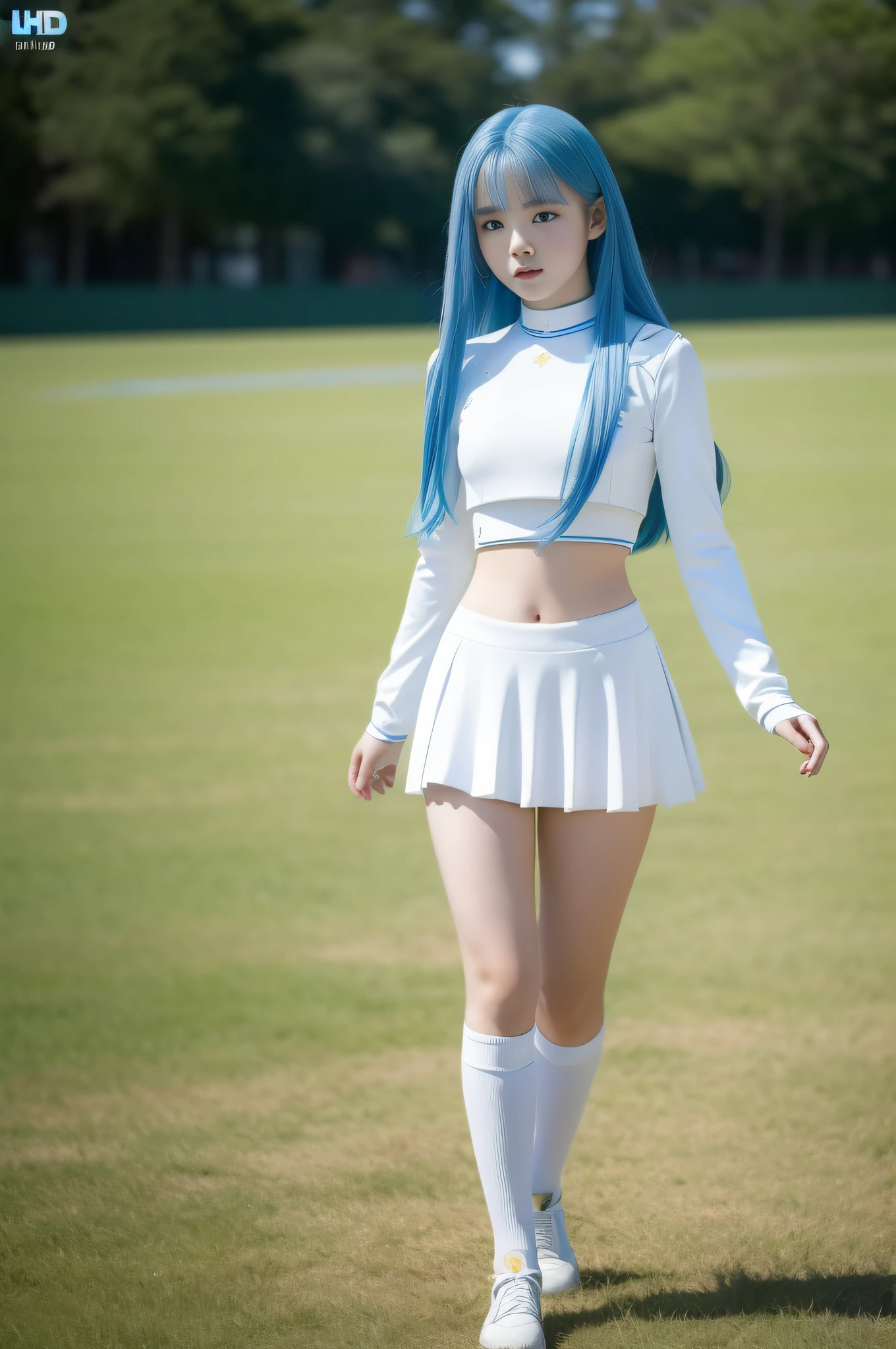 "Full body view of 18 years old Kim Chaewon as a young girl in a white revealing fantasy clothes with blue hair. She is standing confidently on a field, with a slight exposure of her midriff and a petite figure. The photo is captured in UHD 4K, exhibiting exquisite details."