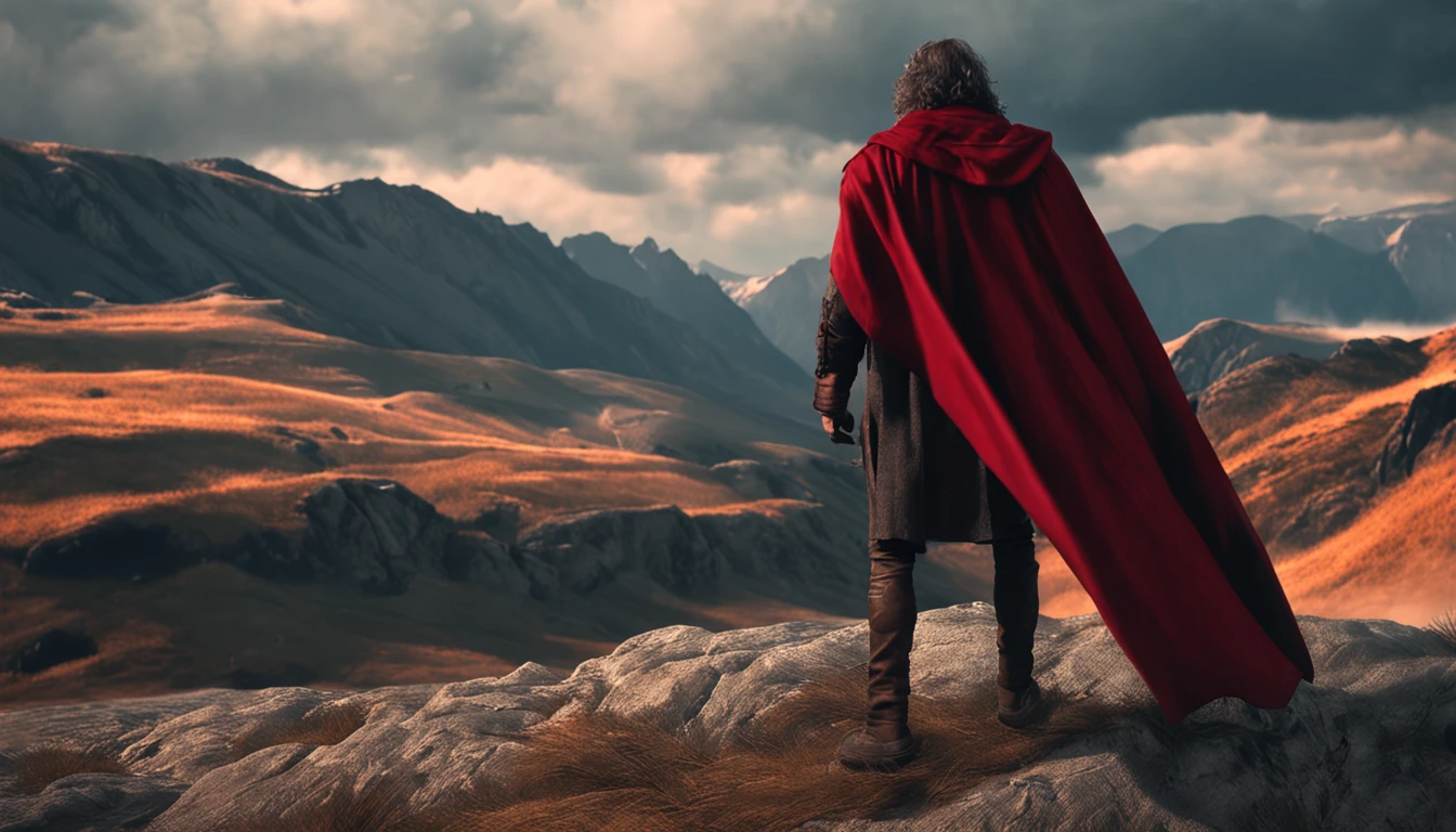 MAKE A FRIGHTENED MAN IN A RED CAPE FACE TO FACE WITH A FEROCIOUS WOLF ON A SHADOWY HILL WITH HIGH DETAILS.