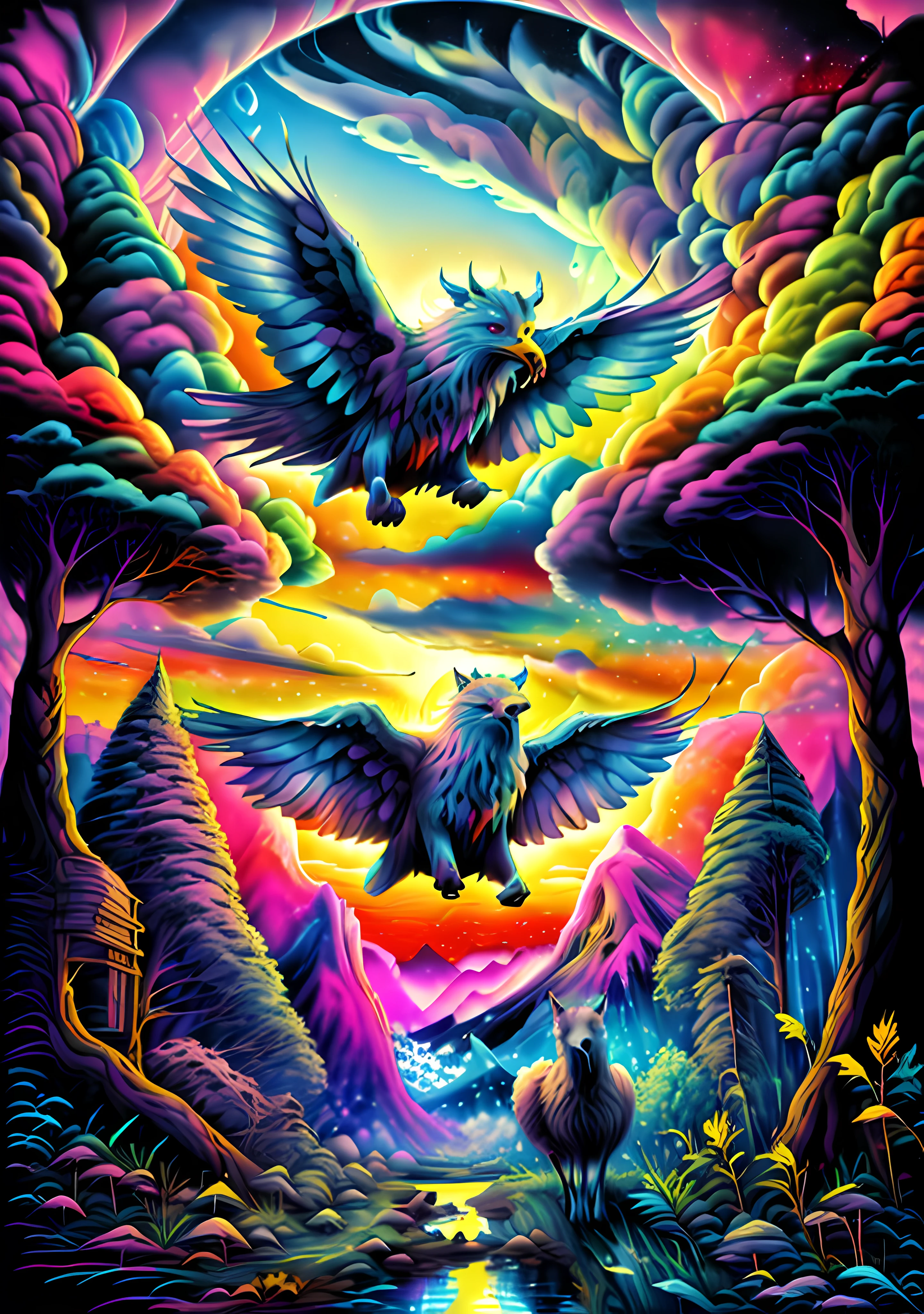 3 wolfes running through the field ,mountains ,rural landscape ,wilderness, bird of prey flying high ,stunning visuals ,multi dimensional ,quilling paper,psychedlic clouds, art, sunset reflects on the lake,2 rainbows above,chibi, yang08k, beautiful, colorful, Masterpieces, top quality, alex grey,psychedelic colours,best quality, official art, beautiful and aesthetic,((8K ultra realistic))