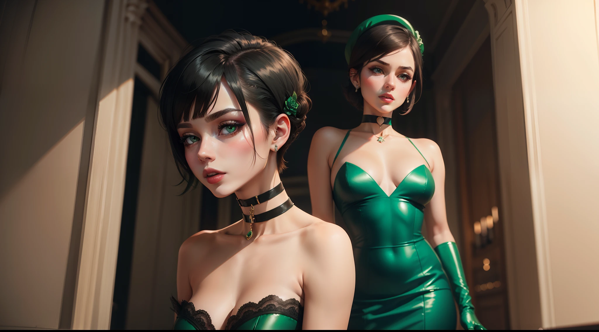 a choker, Green long gloves, lipsticks, Shorthair, satin, Wedding