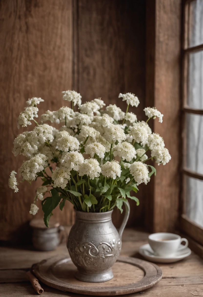 "RAW photo, best,masterpiece, best quality, high quality, extremely detailed,there are some white flowers in a vase and some other items, still life photo studio, still life photography, cozy studio photography, rustic setting, soft vignette, still life photo of a backdrop, cozy home background, on wooden table, inside a shed, cozy setting, indoor picture, rustic, cozy place, cozy atmospheric, indoor scene, cozy cafe background,"