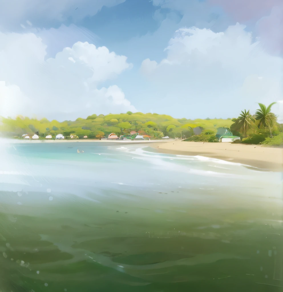 tide,  praia, Casas, colorful children's book illustration, vegetation, palmeiras, heaven, nuvens, sharped image, Follhagens, Housing, montanhas no horizonte, native trees, arbusto, ::n_Ondas na praia