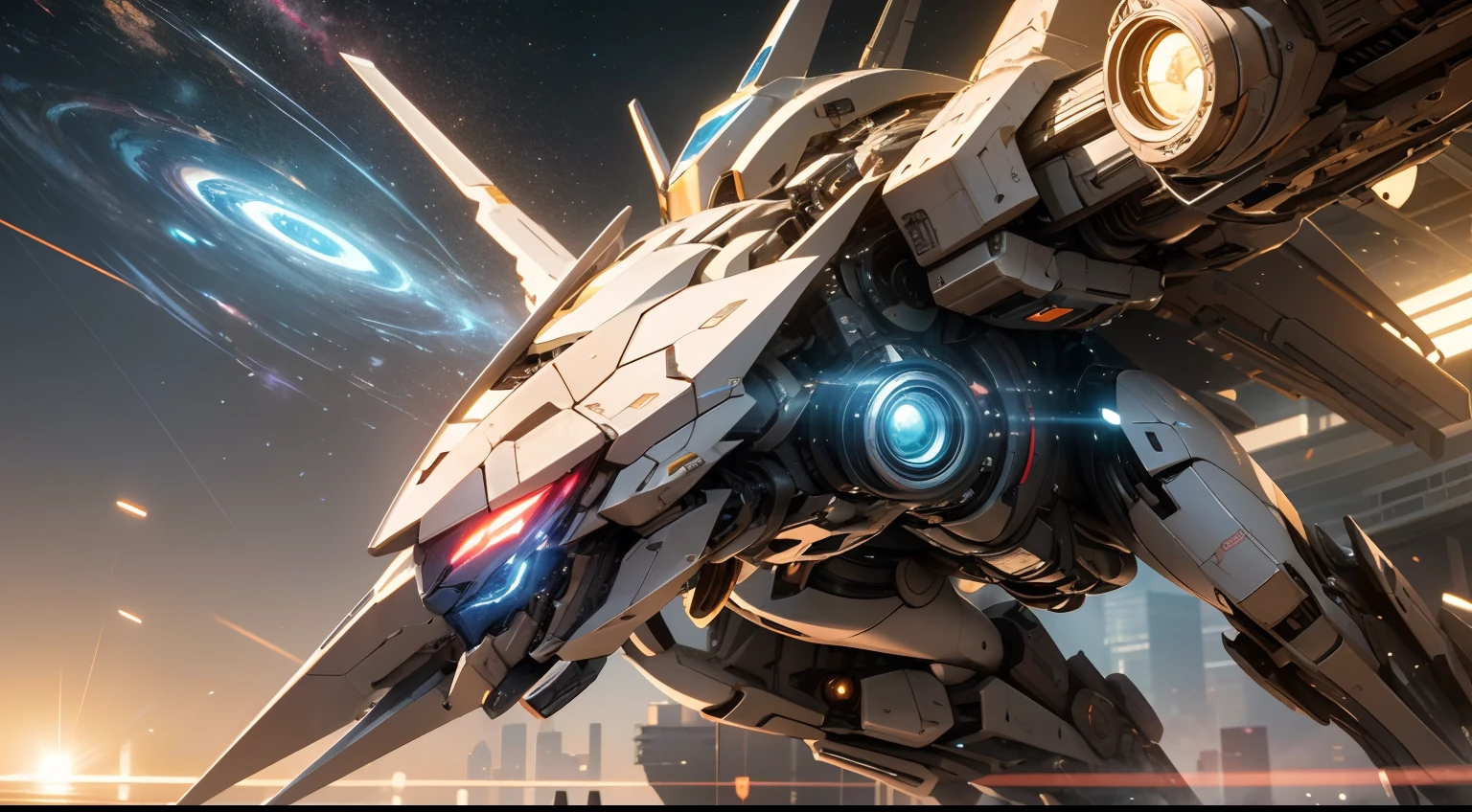 ((Best quality)), ((masterpiece)), (highly detailed:1.3), 3D, beautiful, (cyberpunk:1.2), in space, nebula, holding_weapon, (1Female mecha:1.3), facing the viewer, glowing eyes, full body, (flying, swooping down, dynamic, motion blur: 1.4), (huge mecha wings: 1.6), looking up, glowing_eyes, mecha, panorama, background is earth, nebula, space, particles, reality, HDR (High Dynamic Range), Ray Tracing, NVIDIA RTX, Super Resolution, Unreal 5, Subsurface Scattering, PBR Texturing, Post Processing, Anisotropic Filtering, Depth of Field, Maximum Clarity and Clarity, Multilayer Textures, Albedo and Specular map, Surface shading, accurate simulation of light-material interaction, perfect proportion, Octane Render, two-tone lighting, large aperture, low ISO, white balance, rule of thirds, 8K RAW, efficient sub-pixel, sub-pixel convolution,