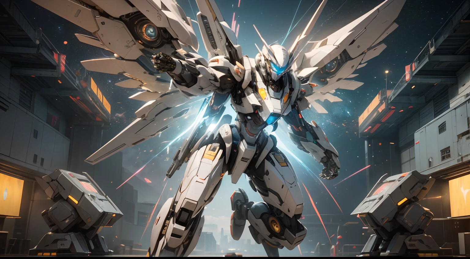 ((Best quality)), ((masterpiece)), (highly detailed:1.3), 3D, beautiful, (cyberpunk:1.2), in space, nebula, holding_weapon, (1Female mecha:1.3), facing the viewer, glowing eyes, full body, (flying, swooping down, dynamic, motion blur: 1.4), (huge mecha wings: 1.6), looking up, glowing_eyes, mecha, panorama, background is earth, nebula, space, particles, reality, HDR (High Dynamic Range), Ray Tracing, NVIDIA RTX, Super Resolution, Unreal 5, Subsurface Scattering, PBR Texturing, Post Processing, Anisotropic Filtering, Depth of Field, Maximum Clarity and Clarity, Multilayer Textures, Albedo and Specular map, Surface shading, accurate simulation of light-material interaction, perfect proportion, Octane Render, two-tone lighting, large aperture, low ISO, white balance, rule of thirds, 8K RAW, efficient sub-pixel, sub-pixel convolution,