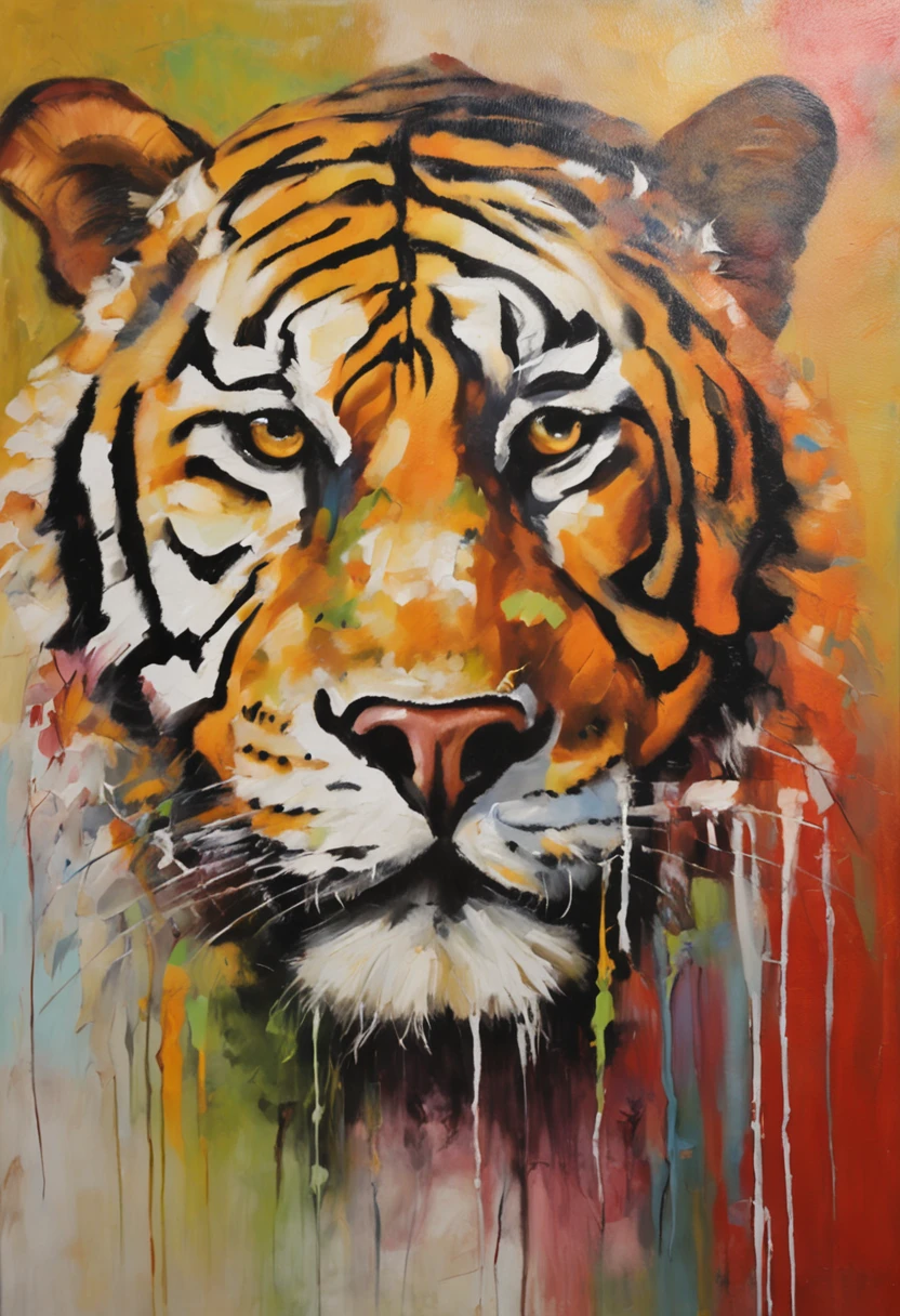 oil painting style, tigre branco sentando na frente de um templo tibetano, templo, telhado, luzes