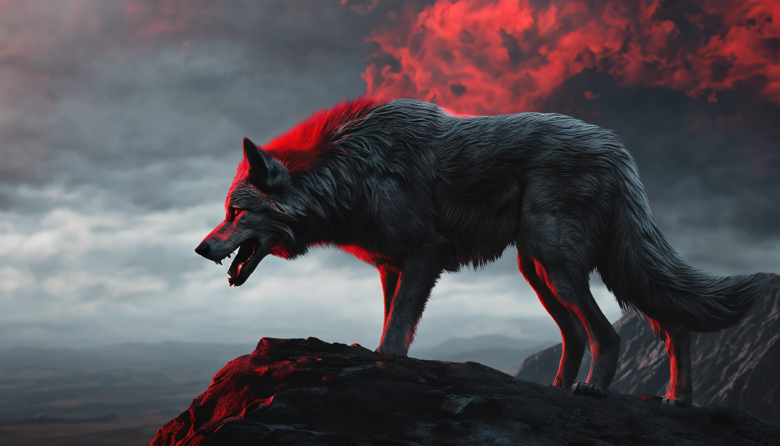 PLAY A MAN IN A RED CLOAK STARING AT A FEROCIOUS WOLF ON A SHADOWY HILL WITH HIGH DETAIL.