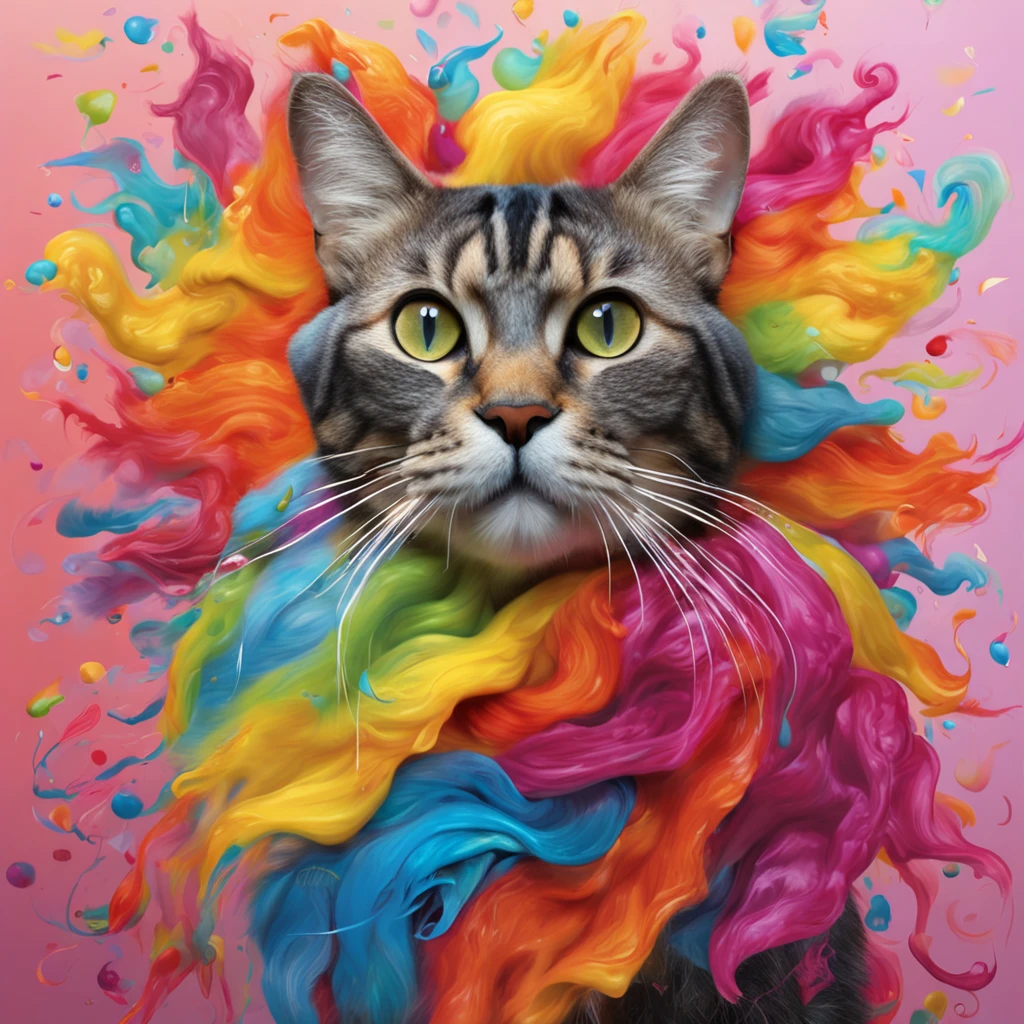 Spectacular Full body view of a super adorable and captivating rainbow colored fluffy bold flowery hipster Burmese cat surfing a wave in vibrant collage fashion, modeling retro flair against a polychromatic dreamscape. Posing with diamond ukulele, Textured fur, photorealistic 8K resolution, sharp focus, ultra quality, UHD, crystal clear, ((breathtakingly enchanting)), experimenting with bright colors, patterns, and textures, collage art, magazine cutouts, wearing Rose, Tulip, Orchids, Dahlia, Cherry blossom, Protea, Passion Flower, Anemone, Peony, Lily, Chrysanthemums, Lotus, Apple blossom, Lilac, Marigold, Gladioli and Daffodils and precious gemstones - rubies, sapphires and emeralds of bright colors on its head and neck, rainbow colored fluffy Burmese cat with headphones on its head, ((in bottom view)), dynamic extra long curly fur, glowing flowing curly fur, smiling face, big eyelashes, happy face, detailed features, vibing to music, cutest Burmese cat, in the clouds of vibrant colors, rainbow smoke trails, sweat drops, eye level, intricate details, warm colours, modeling photography, ((hyperrealistic)), wearing extraordinary extravagant fancy sunglasses, full body photography, beautiful joyful kind eyes of vibrant colors, tender playful look, black and golden suit, soft skin, dynamic posture, soft light, film texture, virtual engine, advanced detail processing, ultra realistic 8k, styles for printing, cinematic lighting, high contrast, glowing highlights, photorealistic,a background of outer space with stars and planets, comedy art,realistic style, high resolution, 3D render, highly detailed,intricate details, sharp focus,8K, ultra quality,UHD, crystal clear, ((stunningly beautiful)), extremely detailed,highly detailed skin, cinematic lighting,wide angle, photorealistic,beautiful shot, HDR,sharp focus, 64 megapixels,perfect composition, cinematic,atmospheric, high contrast,colorful polychromatic, CGSociety,–ar 1:1 --c 15 --s 765 --q 2 --v 4