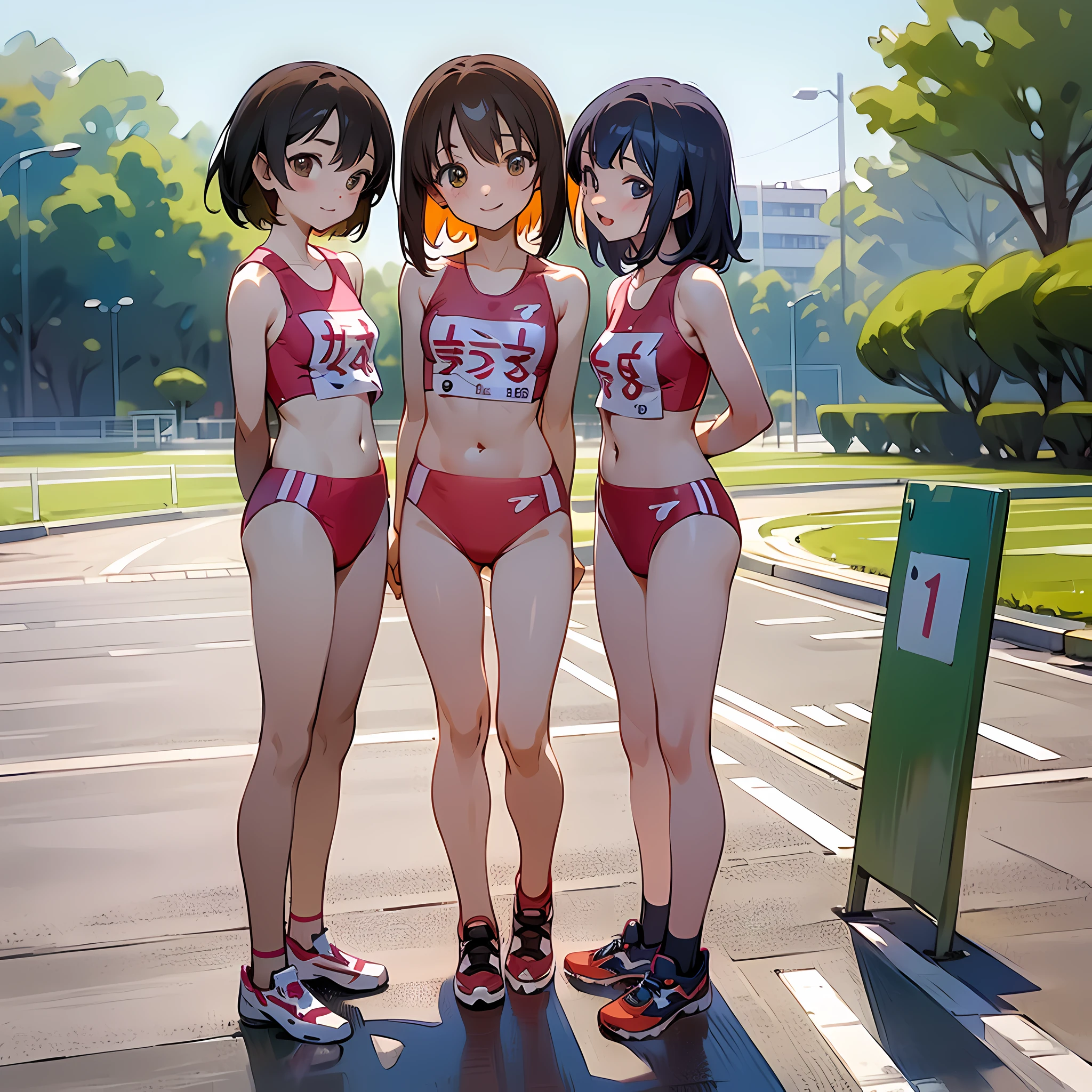 masterpiece, best quality, 4girls, rikujou, multiple girls, ****, group picture, arms behind back, outdoors, full body, full length figure, standing, picture only, looking at viewer, make the eyes the same shape and color on both sides, smile