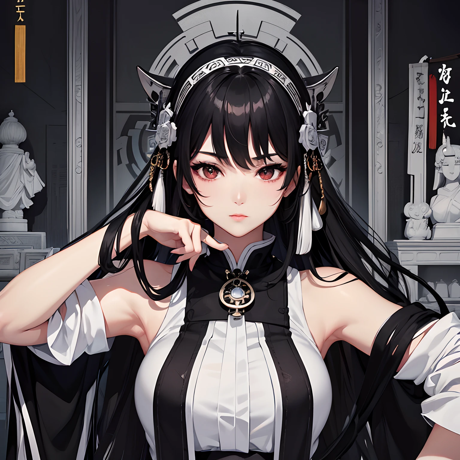 masterpiece、top-quality、hight resolution、High-quality images、8K、1womanl、detaileds、Detailed eye depiction、skin gloss、Lustrous black hair、Monochrome grayscale、Lisa、portlate、Old Temple、shrine maiden