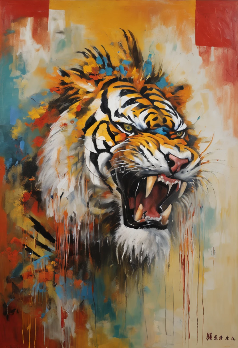 estilo pintura chinesa, templo tibetano, tigre branco, animal monstruoso, gigante