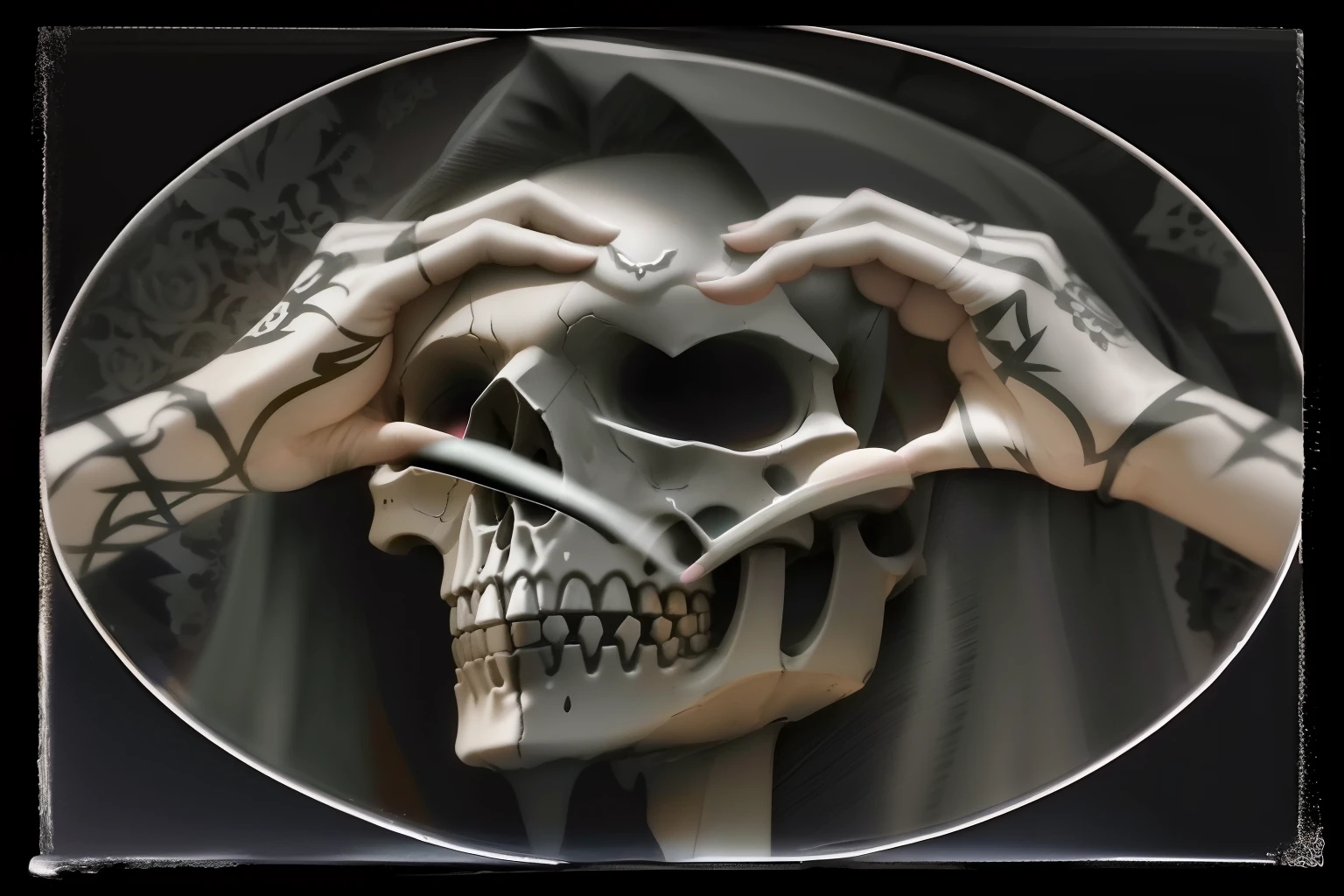a closeup of a skull making a heart with its hands, gothic harts, ((skull)), death skull, Skelleton, ( ( ( Esqueleto ) ) ), skull like, face do esqueleto, Ceifador da Noite!!!!, morte maligna, Horror lovecratftian, gothic harts, Esqueleto, skull head, lo gothic, sacred skull, Amor e morte