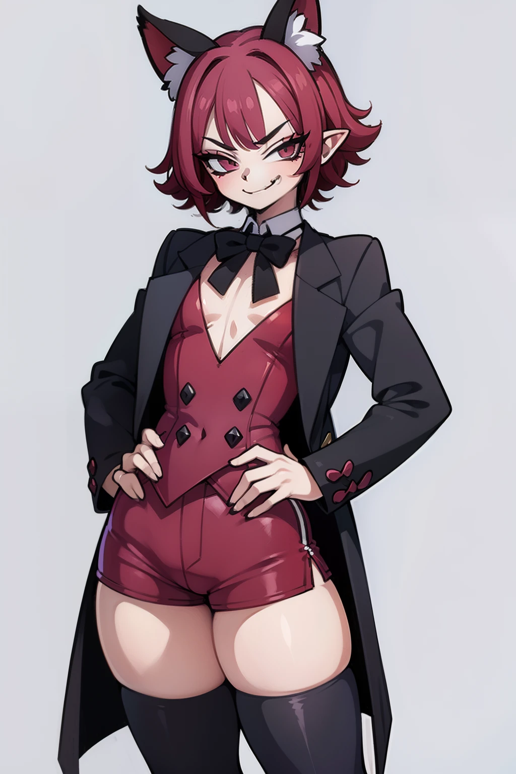 Anime character, high detail, Detailed art style, (smug smirk:1.4), vampire fangs, elf ears, short red curly hair, little chest, tailcoat, Short shorts, full length, the perfect body,