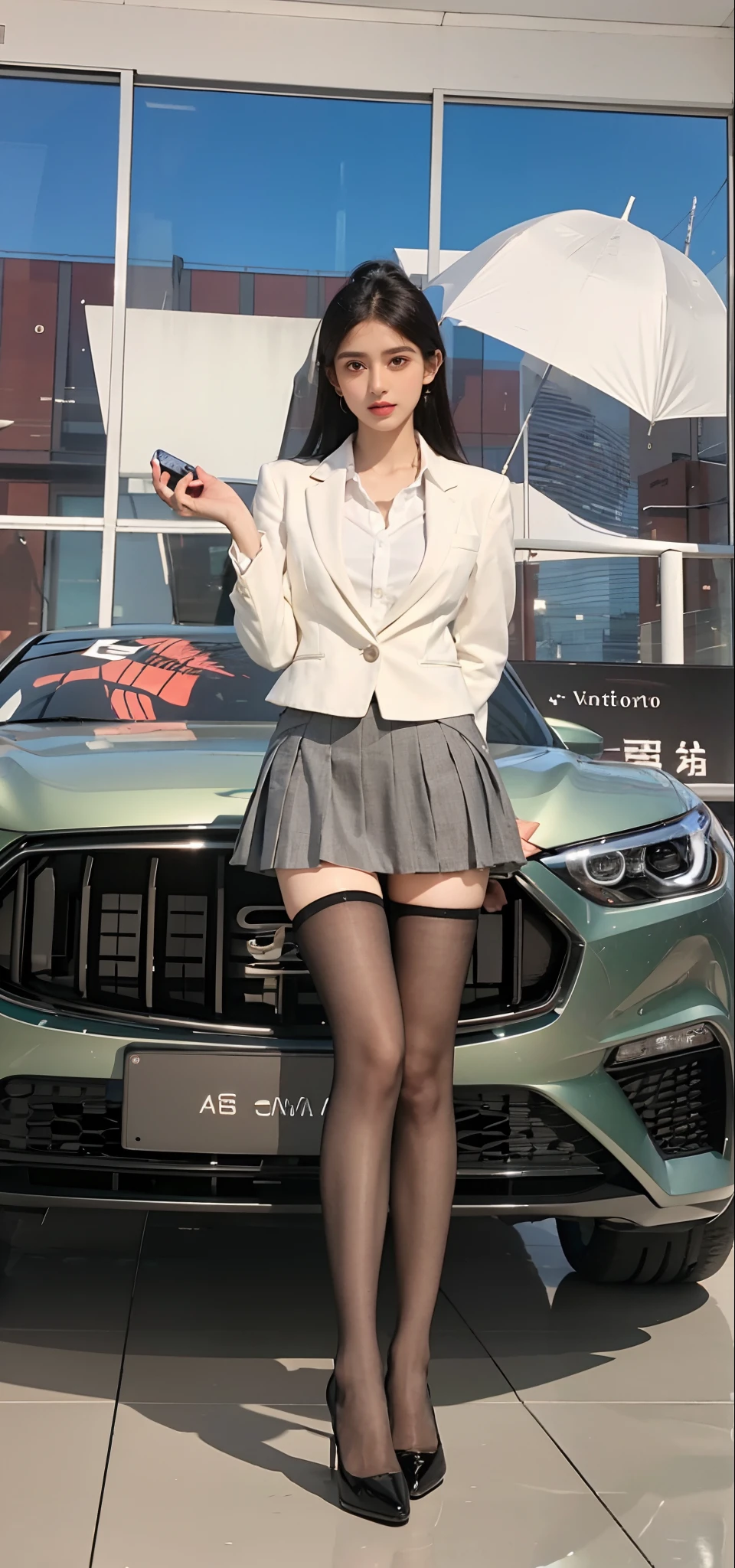 Arati poses in front of the car with her mobile phone, smooth white tight clothes suit, short skirt and a long jacket, miura kentaro style, 🔥 😎 🕹️ 👀 :2, cropped shirt with jacket, very detailed and high quality, high-quality picture, full-body xianxia, Pleated miniskirt, white silky outfit,top-quality,8K,tmasterpiece:1.3,Sharp focus:1.2,perfect body type,Wearing black stockings,black lence stockings