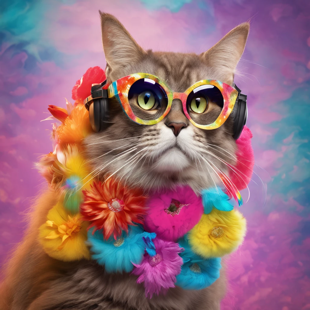 Spectacular Full body view of a super adorable and captivating rainbow colored fluffy bold flowery hipster Burmese cat surfing a wave in vibrant collage fashion, modeling retro flair against a polychromatic dreamscape. Posing with diamond ukulele, Textured fur, photorealistic 8K resolution, sharp focus, ultra quality, UHD, crystal clear, ((breathtakingly enchanting)), experimenting with bright colors, patterns, and textures, collage art, magazine cutouts, wearing Rose, Tulip, Orchids, Dahlia, Cherry blossom, Protea, Passion Flower, Anemone, Peony, Lily, Chrysanthemums, Lotus, Apple blossom, Lilac, Marigold, Gladioli and Daffodils and precious gemstones - rubies, sapphires and emeralds of bright colors on its head and neck, rainbow colored fluffy Burmese cat with headphones on its head, ((in bottom view)), dynamic extra long curly fur, glowing flowing curly fur, smiling face, big eyelashes, happy face, detailed features, vibing to music, cutest Burmese cat, in the clouds of vibrant colors, rainbow smoke trails, sweat drops, eye level, intricate details, warm colours, modeling photography, ((hyperrealistic)), wearing extraordinary extravagant fancy sunglasses, full body photography, beautiful joyful kind eyes of vibrant colors, tender playful look, black and golden suit, soft skin, dynamic posture, soft light, film texture, virtual engine, advanced detail processing, ultra realistic 8k, styles for printing, cinematic lighting, high contrast, glowing highlights, photorealistic,a background of outer space with stars and planets, comedy art,realistic style, high resolution, 3D render, highly detailed,intricate details, sharp focus,8K, ultra quality,UHD, crystal clear, ((stunningly beautiful)), extremely detailed,highly detailed skin, cinematic lighting,wide angle, photorealistic,beautiful shot, HDR,sharp focus, 64 megapixels,perfect composition, cinematic,atmospheric, high contrast,colorful polychromatic, CGSociety,–ar 1:1 --c 15 --s 765 --q 2 --v 4