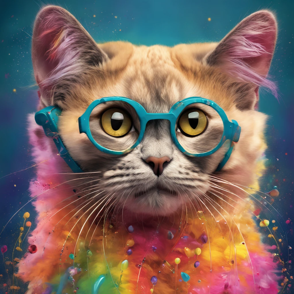 Spectacular Full body view of a super adorable and captivating rainbow colored fluffy bold flowery hipster Burmese cat surfing a wave in vibrant collage fashion, modeling retro flair against a polychromatic dreamscape. Posing with diamond ukulele, Textured fur, photorealistic 8K resolution, sharp focus, ultra quality, UHD, crystal clear, ((breathtakingly enchanting)), experimenting with bright colors, patterns, and textures, collage art, magazine cutouts, wearing Rose, Tulip, Orchids, Dahlia, Cherry blossom, Protea, Passion Flower, Anemone, Peony, Lily, Chrysanthemums, Lotus, Apple blossom, Lilac, Marigold, Gladioli and Daffodils and precious gemstones - rubies, sapphires and emeralds of bright colors on its head and neck, rainbow colored fluffy Burmese cat with headphones on its head, ((in bottom view)), dynamic extra long curly fur, glowing flowing curly fur, smiling face, big eyelashes, happy face, detailed features, vibing to music, cutest Burmese cat, in the clouds of vibrant colors, rainbow smoke trails, sweat drops, eye level, intricate details, warm colours, modeling photography, ((hyperrealistic)), wearing extraordinary extravagant fancy sunglasses, full body photography, beautiful joyful kind eyes of vibrant colors, tender playful look, black and golden suit, soft skin, dynamic posture, soft light, film texture, virtual engine, advanced detail processing, ultra realistic 8k, styles for printing, cinematic lighting, high contrast, glowing highlights, photorealistic,a background of outer space with stars and planets, comedy art,realistic style, high resolution, 3D render, highly detailed,intricate details, sharp focus,8K, ultra quality,UHD, crystal clear, ((stunningly beautiful)), extremely detailed,highly detailed skin, cinematic lighting,wide angle, photorealistic,beautiful shot, HDR,sharp focus, 64 megapixels,perfect composition, cinematic,atmospheric, high contrast,colorful polychromatic, CGSociety,–ar 1:1 --c 15 --s 765 --q 2 --v 4