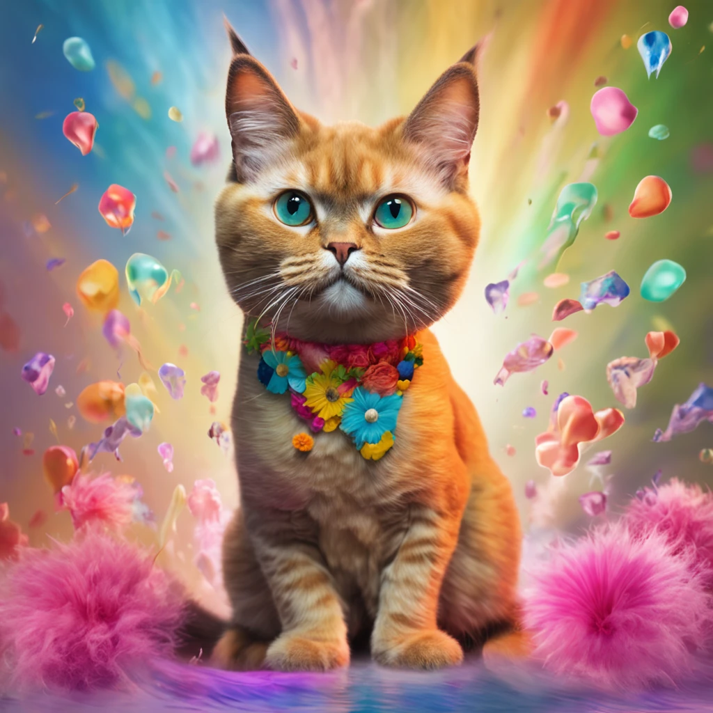 Spectacular Full body view of a super adorable and captivating rainbow colored fluffy bold flowery hipster Burmese cat surfing a wave in vibrant collage fashion, modeling retro flair against a polychromatic dreamscape. Posing with diamond ukulele, Textured fur, photorealistic 8K resolution, sharp focus, ultra quality, UHD, crystal clear, ((breathtakingly enchanting)), experimenting with bright colors, patterns, and textures, collage art, magazine cutouts, wearing Rose, Tulip, Orchids, Dahlia, Cherry blossom, Protea, Passion Flower, Anemone, Peony, Lily, Chrysanthemums, Lotus, Apple blossom, Lilac, Marigold, Gladioli and Daffodils and precious gemstones - rubies, sapphires and emeralds of bright colors on its head and neck, rainbow colored fluffy Burmese cat with headphones on its head, ((in bottom view)), dynamic extra long curly fur, glowing flowing curly fur, smiling face, big eyelashes, happy face, detailed features, vibing to music, cutest Burmese cat, in the clouds of vibrant colors, rainbow smoke trails, sweat drops, eye level, intricate details, warm colours, modeling photography, ((hyperrealistic)), wearing extraordinary extravagant fancy sunglasses, full body photography, beautiful joyful kind eyes of vibrant colors, tender playful look, black and golden suit, soft skin, dynamic posture, soft light, film texture, virtual engine, advanced detail processing, ultra realistic 8k, styles for printing, cinematic lighting, high contrast, glowing highlights, photorealistic,a background of outer space with stars and planets, comedy art,realistic style, high resolution, 3D render, highly detailed,intricate details, sharp focus,8K, ultra quality,UHD, crystal clear, ((stunningly beautiful)), extremely detailed,highly detailed skin, cinematic lighting,wide angle, photorealistic,beautiful shot, HDR,sharp focus, 64 megapixels,perfect composition, cinematic,atmospheric, high contrast,colorful polychromatic, CGSociety,–ar 1:1 --c 15 --s 765 --q 2 --v 4