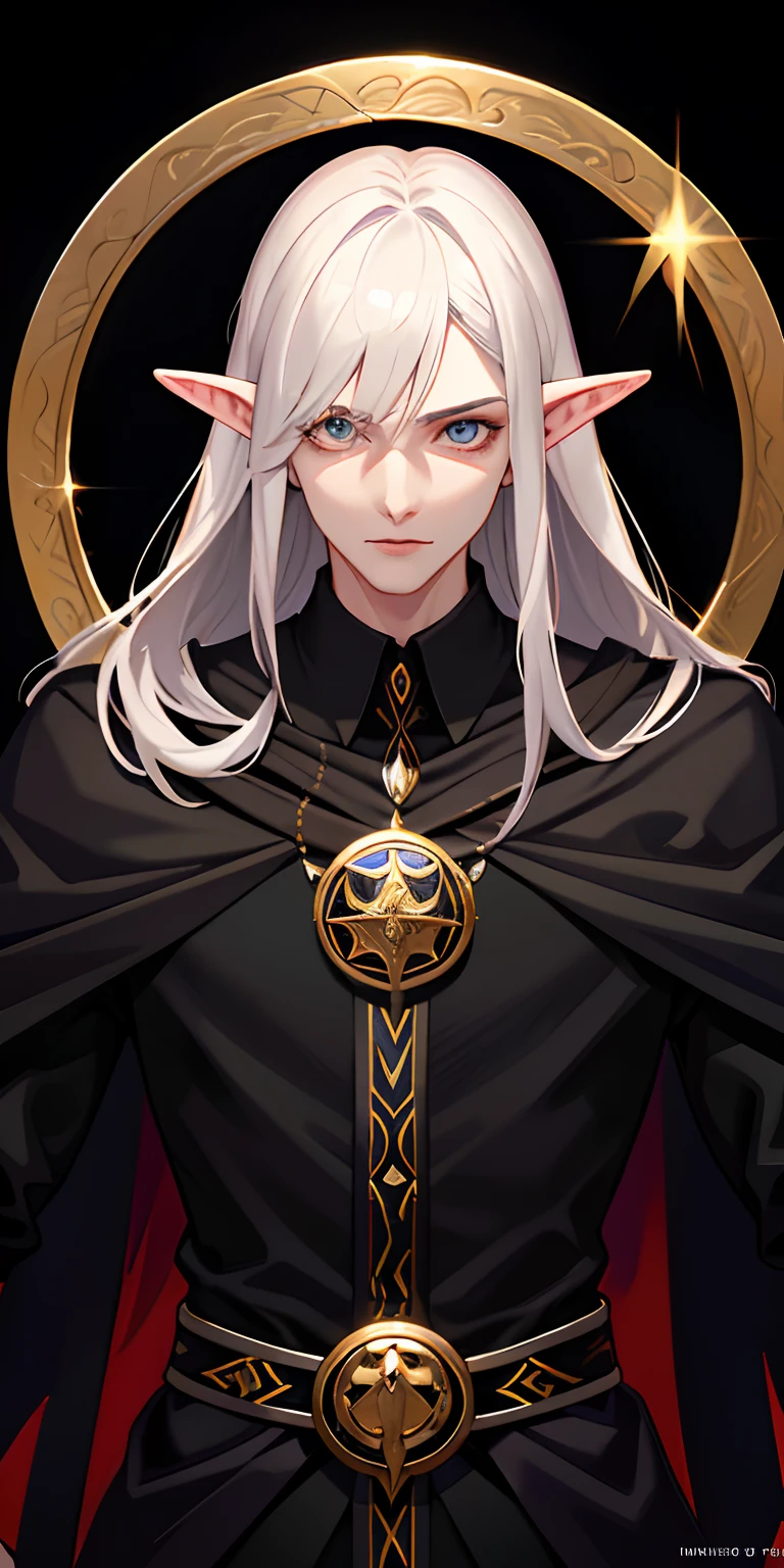 um close up de uma pessoa com um manto preto e uma espada, nobre elfo macho em vestes pretas, O Senhor das Trevas Sauron, Retrato de Sauron, rsrs, male vampire of clan banu haqim, portrait of a slender elven man, trending in the artstation, em um manto com cabelos longos, Beautiful androgynous prince