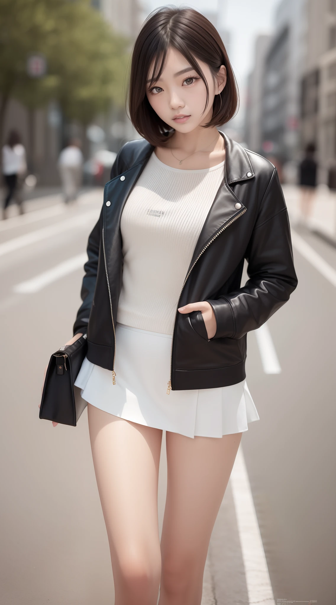 There's a woman in a black jacket and a white top, coreana, Modelo de moda feminina coreana, linda mulher coreana jovem, usando roupas casuais, foto de modelo de menina menina animente, Menina anime na vil, menina elegante na roupaa, Pose casual, young asian girl, Beautiful Asian girl, mulher coreana jovem bonita, Asian girl, usando roupas casuais
