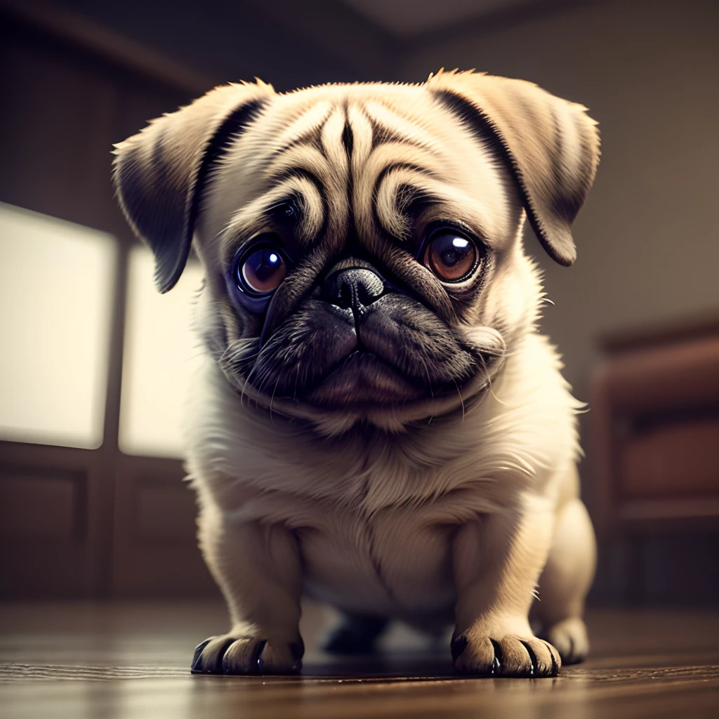 Anthropomorphic pug dog, Lightroom, Cinematic, HDR, Raw, Intricate, hiquality, soft tones, intricate details, low contrast