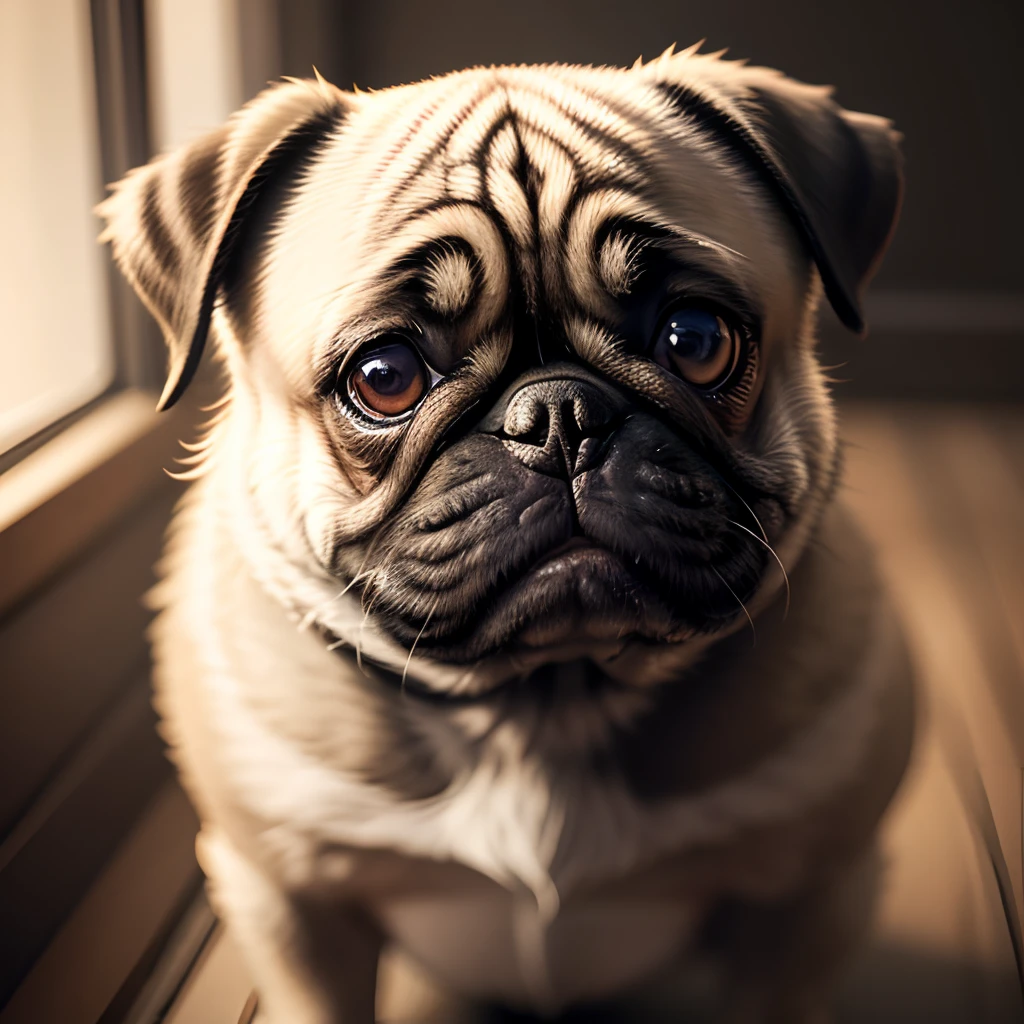 Anthropomorphic pug dog, Lightroom, Cinematic, HDR, Raw, Intricate, hiquality, soft tones, intricate details, low contrast