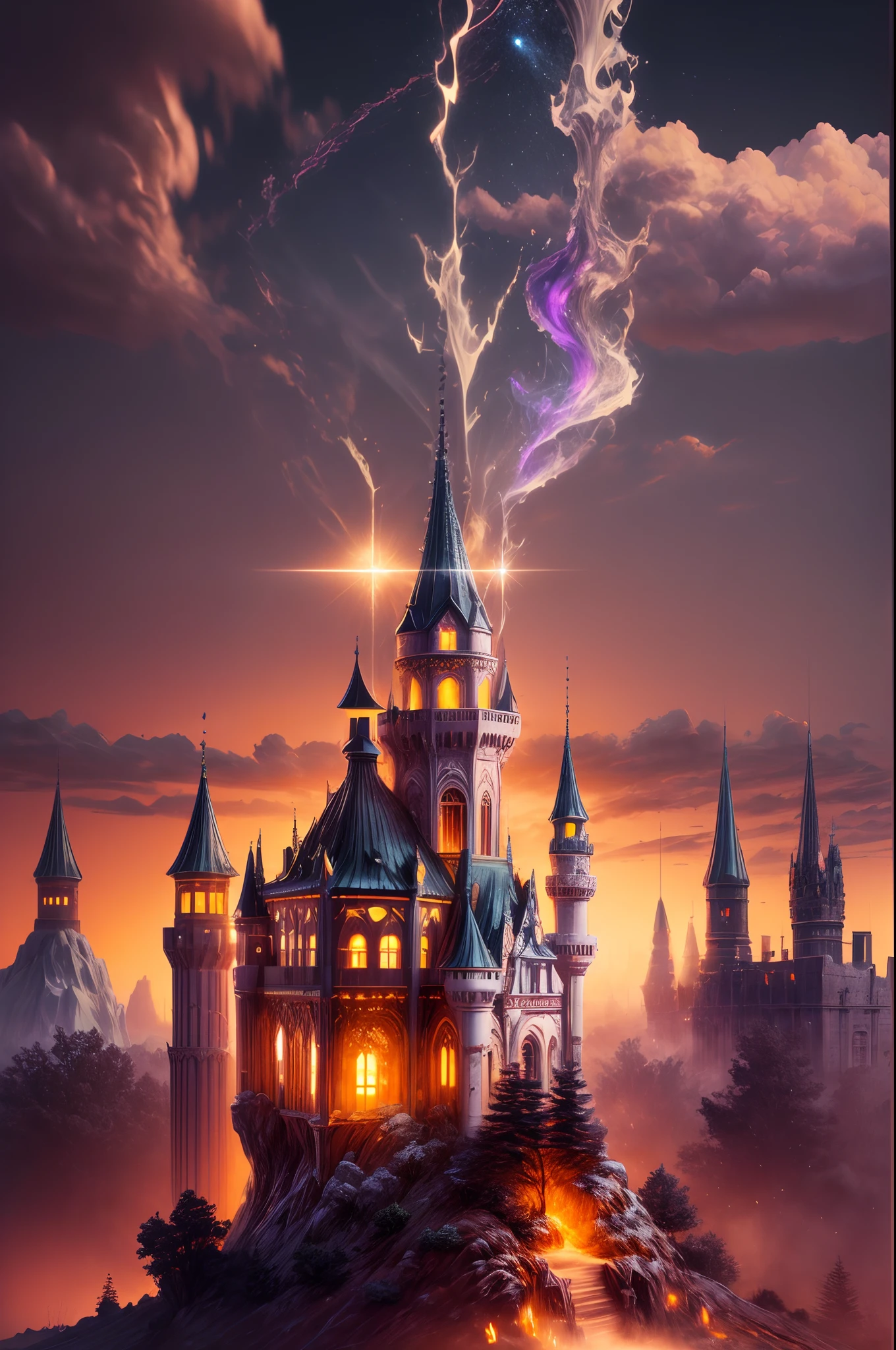 Generate a realistic fantasy landscape with beautiful, ornate romantic buildings, floating islands, crystalline waterfalls streaming from the floating islands, and a dreamy landscape of highly detailed flowers and dreamy watercolors. This is the (((romantic))) realm of the gods. (((The castles look like they are carved from shimmering marble, with distinct and complex details adding to their realism.))) Cotton candy clouds wisp into beautiful glittering stars across the colorful sky, with mesmerizing pink and purple celestial lights creating an enchanting atmosphere. Include many different levels and high visual interest. The environment is large and awe-inspiring, and this is a macro shot. The general ambience is peace, tranquility, and highly detailed sweetness. Include interesting fantasy elements with colors that complement the rest of the landscape. The sky should be very detailed. The landscape should very detailed. All buildings should be ornate with complex and intricate details. Include a luminous and magical atmosphere, magic bubbles, shimmering colors, many small fantasy details including iridescence, expertly created majestic landscapes, and shimmer and glimmer. Include lots of vibrant colors and vaguely surreal details. Camera: Utilize dynamic composition to create interest and excitement. CGI, unreal engine, unity engine, (((masterpiece))), high resolution, 8k, best quality, high quality, highres, 16, RAW, ultra highres, ultra details, finely detail, an extremely delicate and beautiful, extremely detailed, real shadow, anime, highly detailed painted, award-winning glamour painting, wonderful painting, art style, stylized